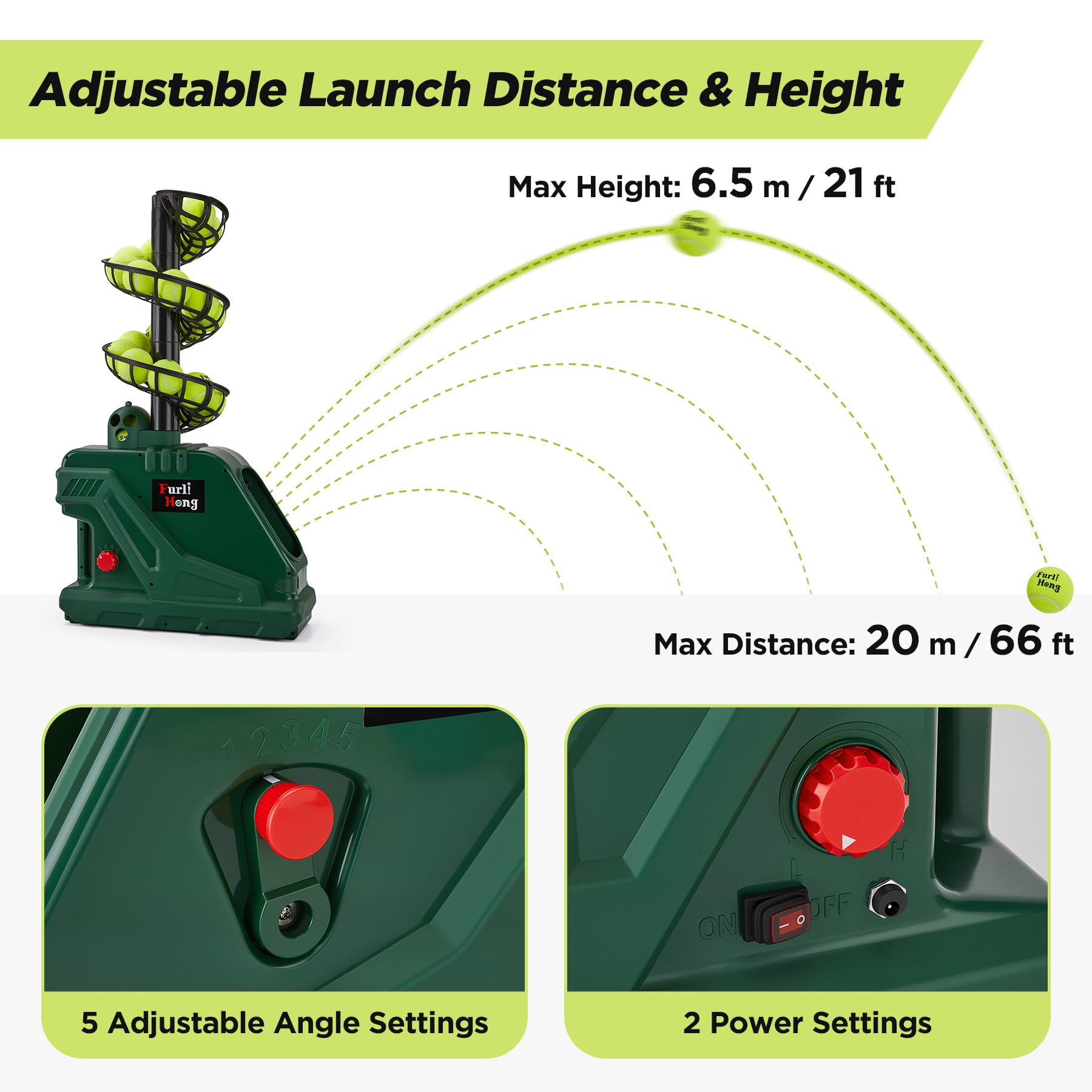 Furlihong 3819BH Macchina per pallina da tennis, max 30 MPH, angolo di lancio regolabile e intervallo, regolazione continua della velocità, funzionamento a batteria o adattatore AC da 12 V, per