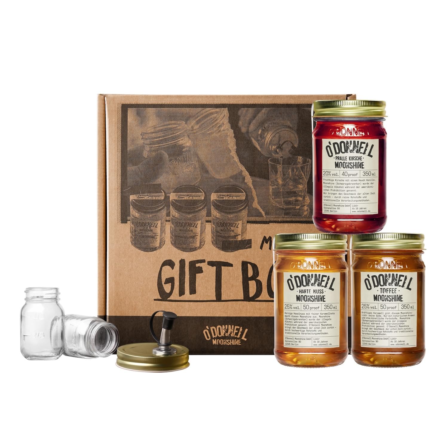 O'Donnell Moonshine Likör Geschenkset Made in Berlin – 3x Premium Likör Toffee, Kirsche & Haselnusslikör (350ml) + 2x Mason Jar Whiskey Gläser + Ausgießer (Geschenk für Männer) in Geschenkbox