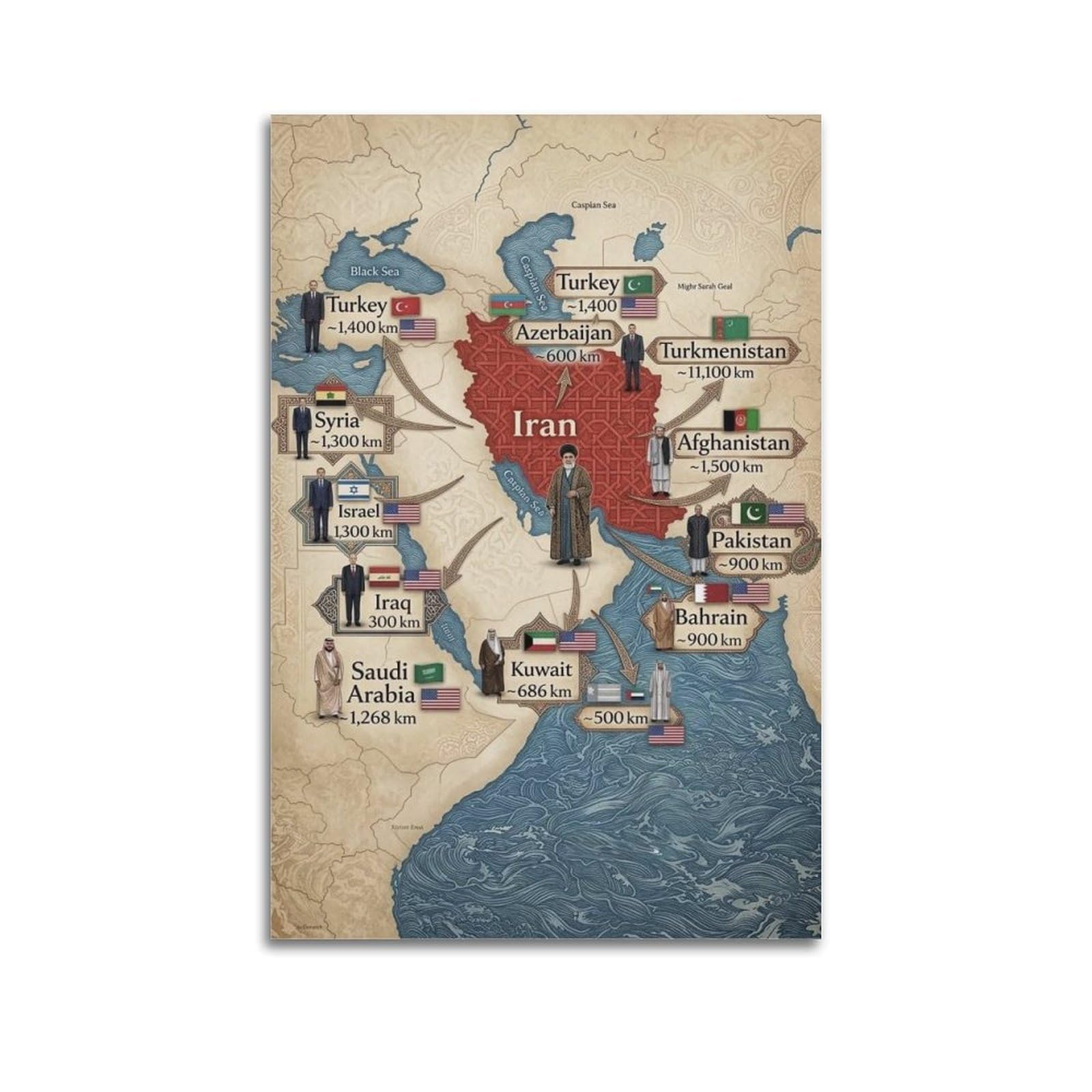 ESTE Iran Map Poster Neighboring Country Geography Decorative Painting Canvas Modern Art Picture 24x36inch(60x90cm)