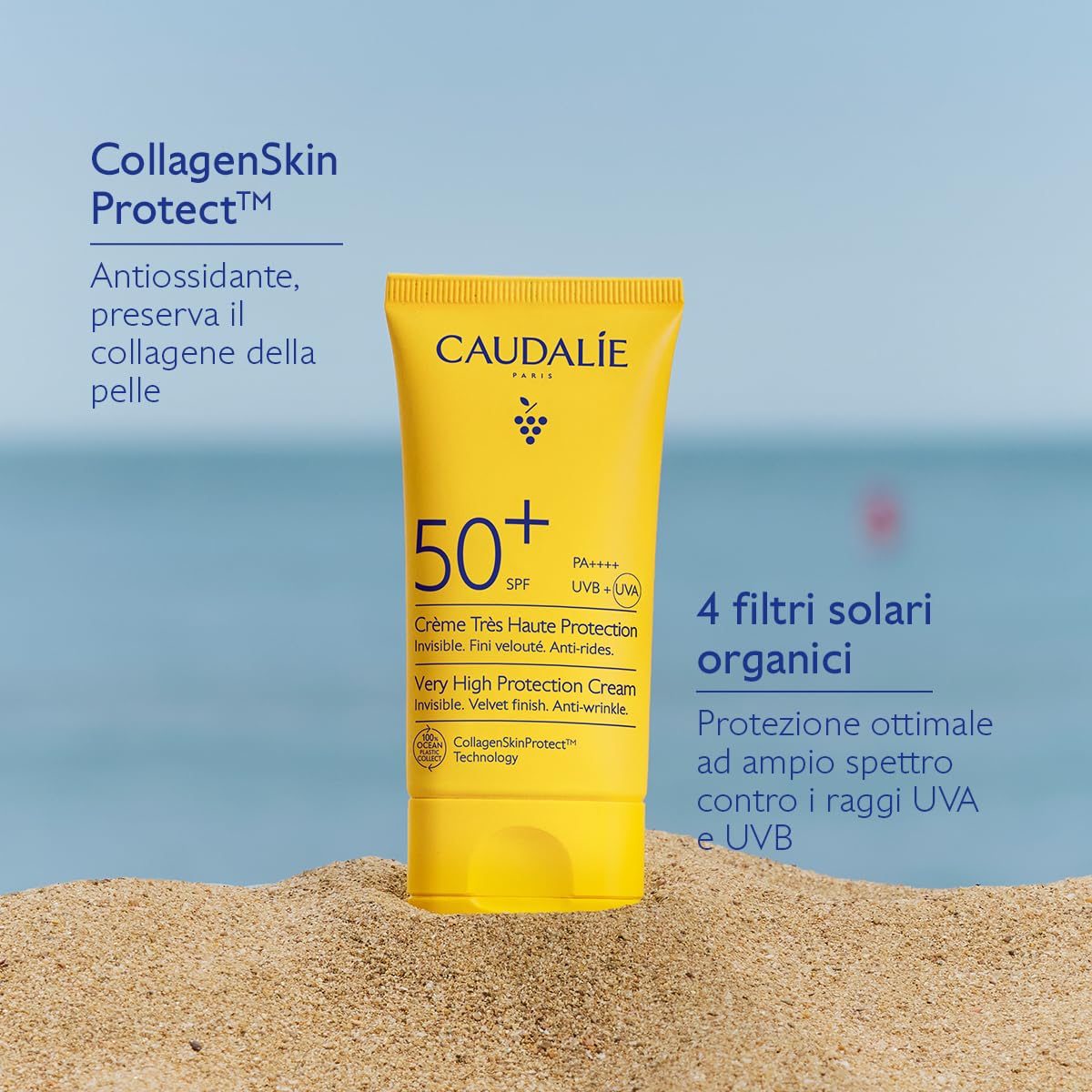 Caudalie Crema ad Altissima Protezione SPF50+ – CollagenSkinProtect™, Filtri Solari Organici, Azione Anti-rughe, Resistente all'Acqua, Pelli Sensibili, Vegano, PA++++, 50 mL