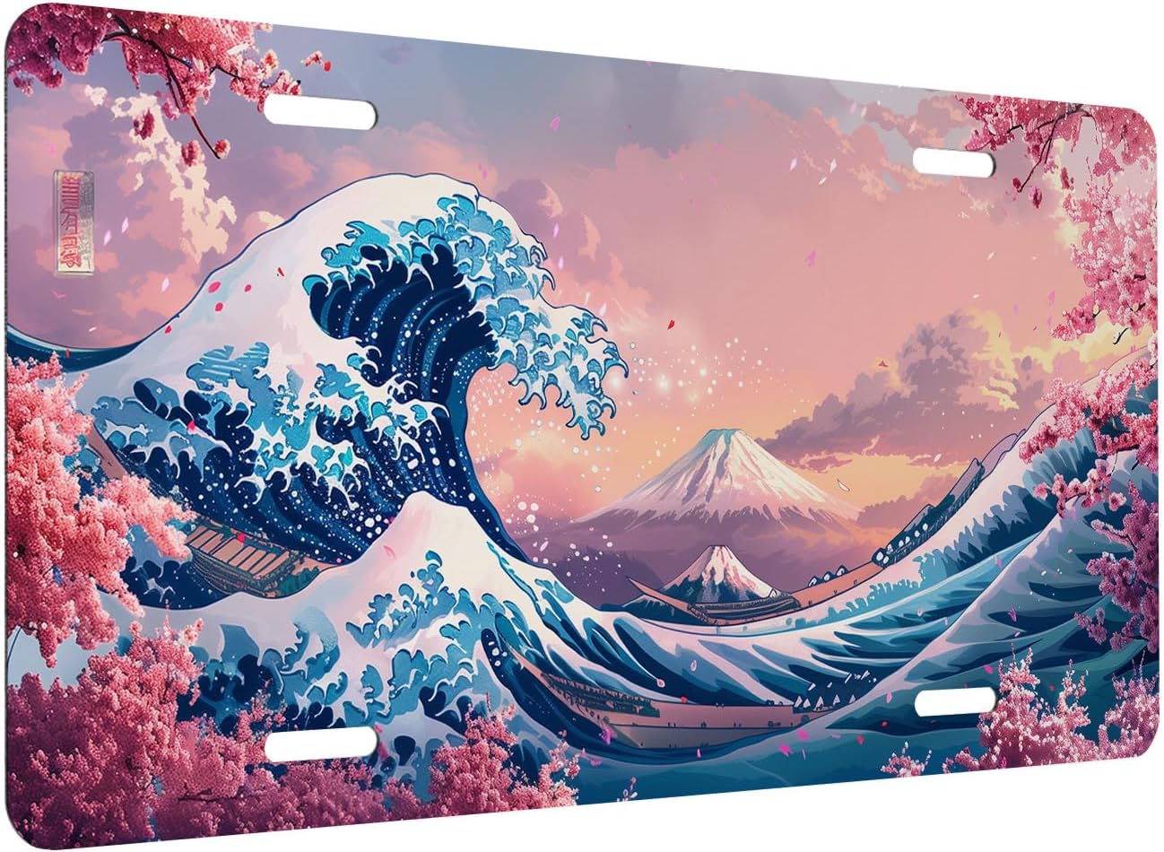 Anime Cherry Blossoms Front License Plate for Women Great Wave Mount Fuji Car Vanity Plates Decorative Aluminum Metal Cute Novelty License Plate 6x12 Inch (4 Holes) image 2