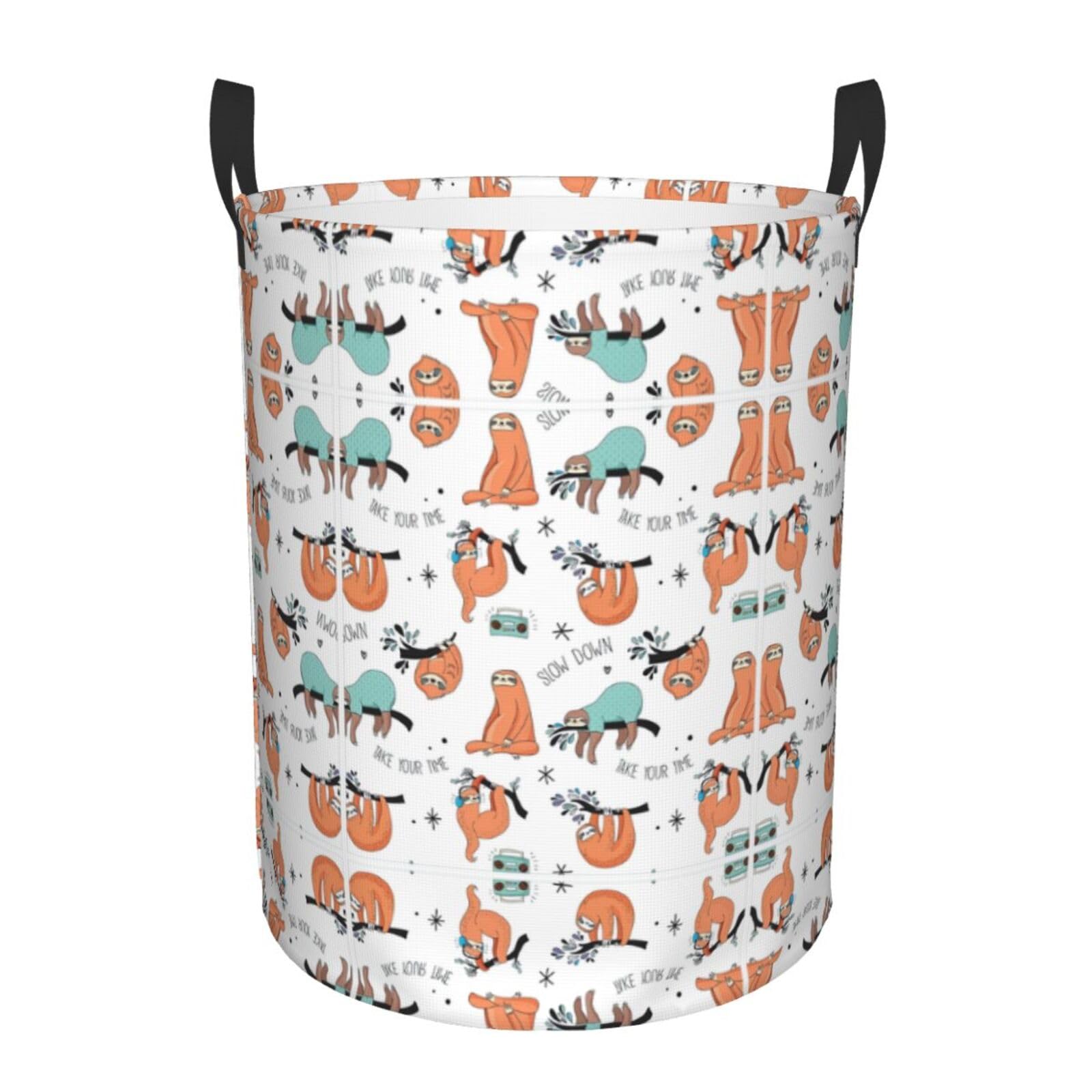 M Collapsible Round funny Cute Animal Sloth Music Print Laundry Hamper