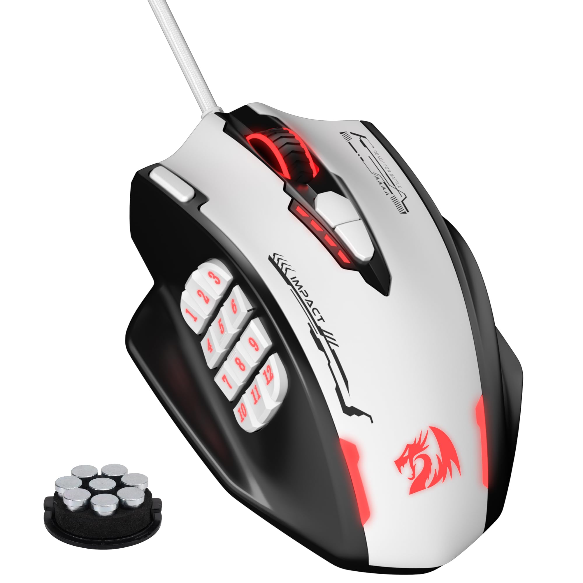 Redragon M908 Impact RGB MMO Gaming Mouse, Optical Wired Ergonomic Mouse with Max 24,000 DPI, High Precision, 18 Programmable Macro Shortcuts, Comfort Grip, Black & White
