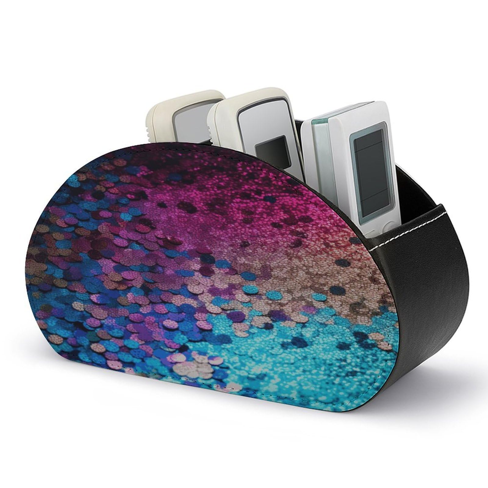 FekiLoot Leather Remote Control Holder with 5 Compartments Glitter Sequin Spot Remote Caddy Desktop Organizer Store TV Remote Holder Remote Organizer for Bedside Table Office Desk