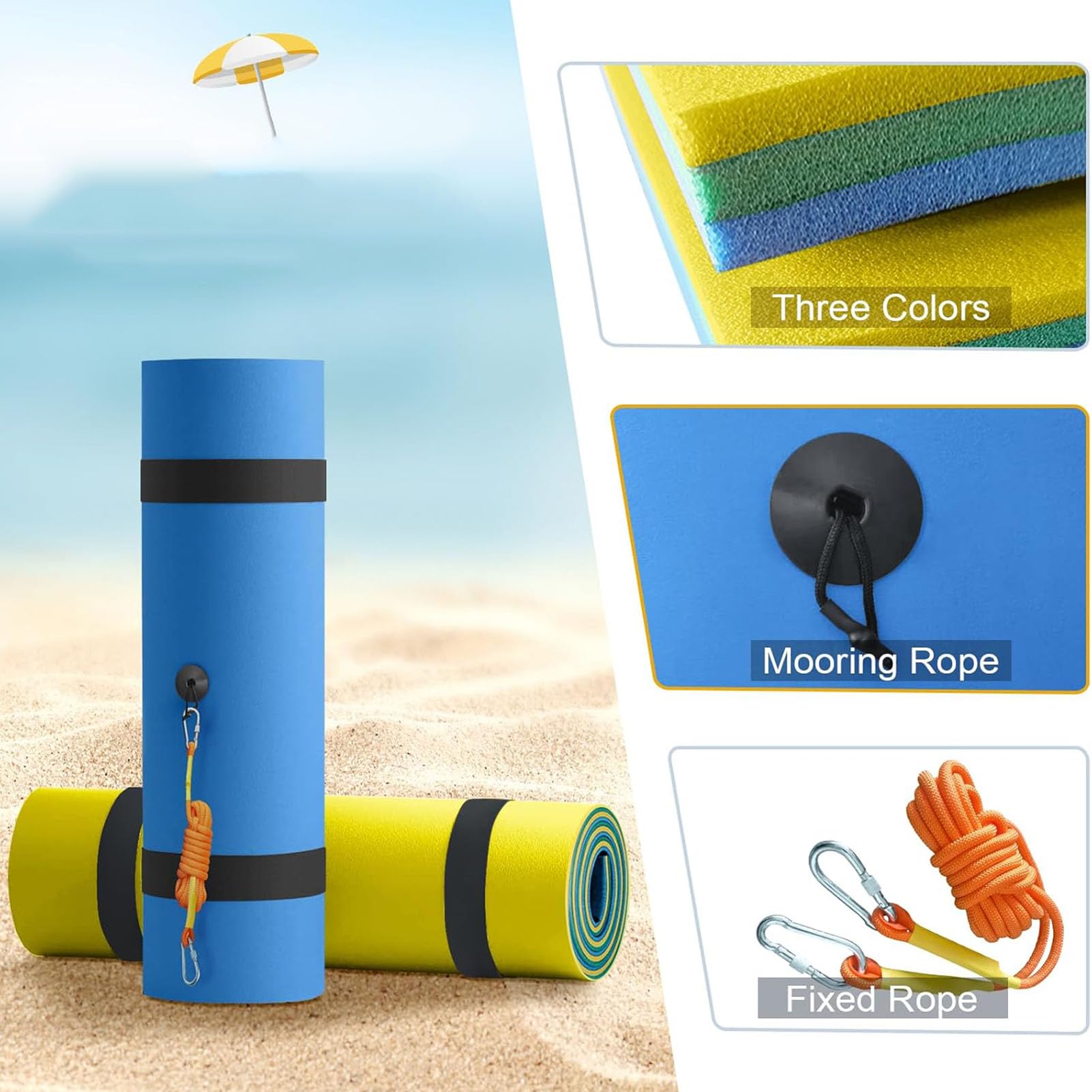 Tappetino Galleggiante – Tappetino Galleggiante per Lago, in Schiuma XPE a 3 Strati Antistrappo, con Corda Elastica di Ancoraggio; Ideale per Lago, Spiaggia, Mare e Piscina,Blu,2.7m x 1.5m x 3.3cm