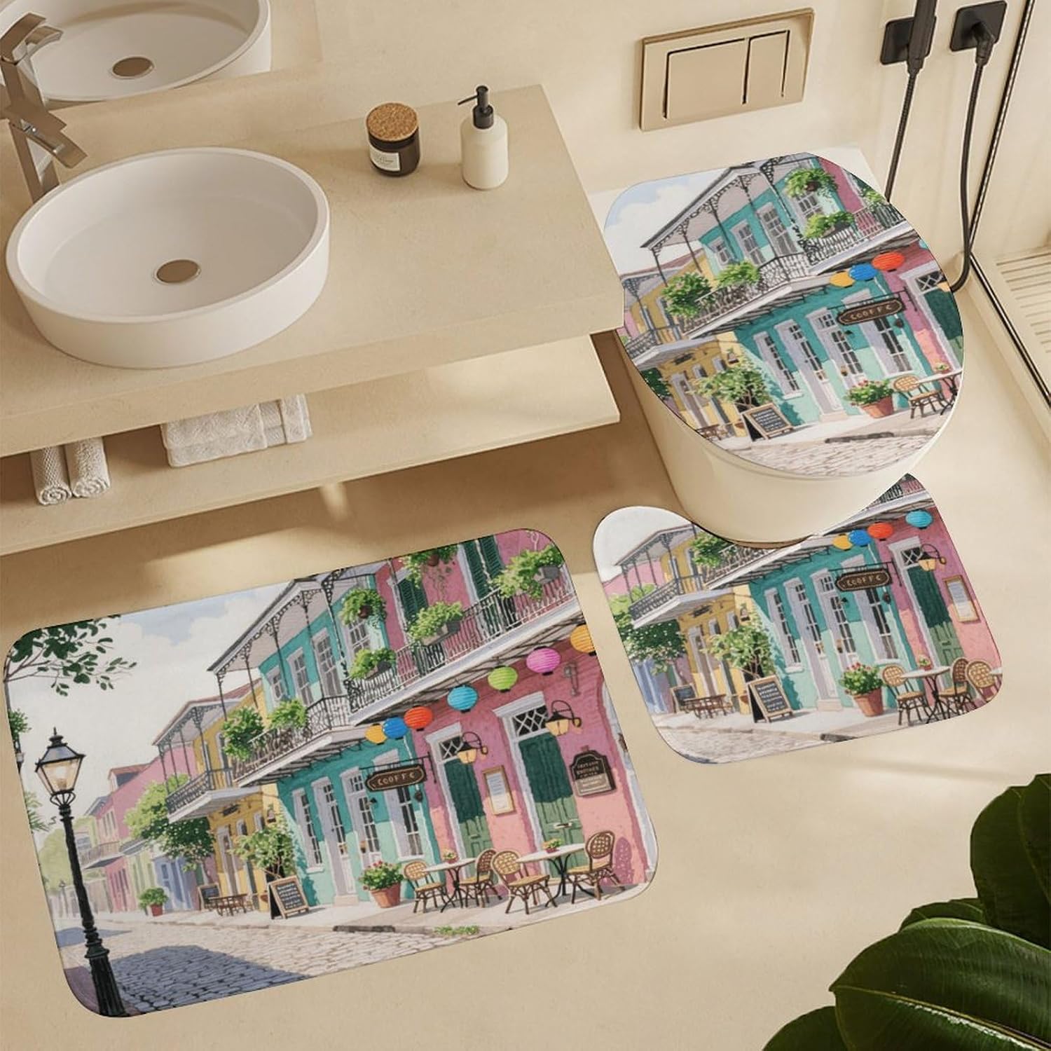 French Quarter Streets Bath Rug Set 4 Piece,Bathroom Accessories Set-Toilet Rugs U Shaped,Toilet Lid Cover,Shower Curtain and Rugs,Ultra Soft, Absorbent,Home Decor