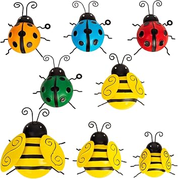 8 Pcs Metal Ladybug Wall Art - Garden Hanging Decorations Outdoor, Yard Bumble Bee Sculpture Ornaments Outside for Fence, Patio, Porch, Home Decor, Gift