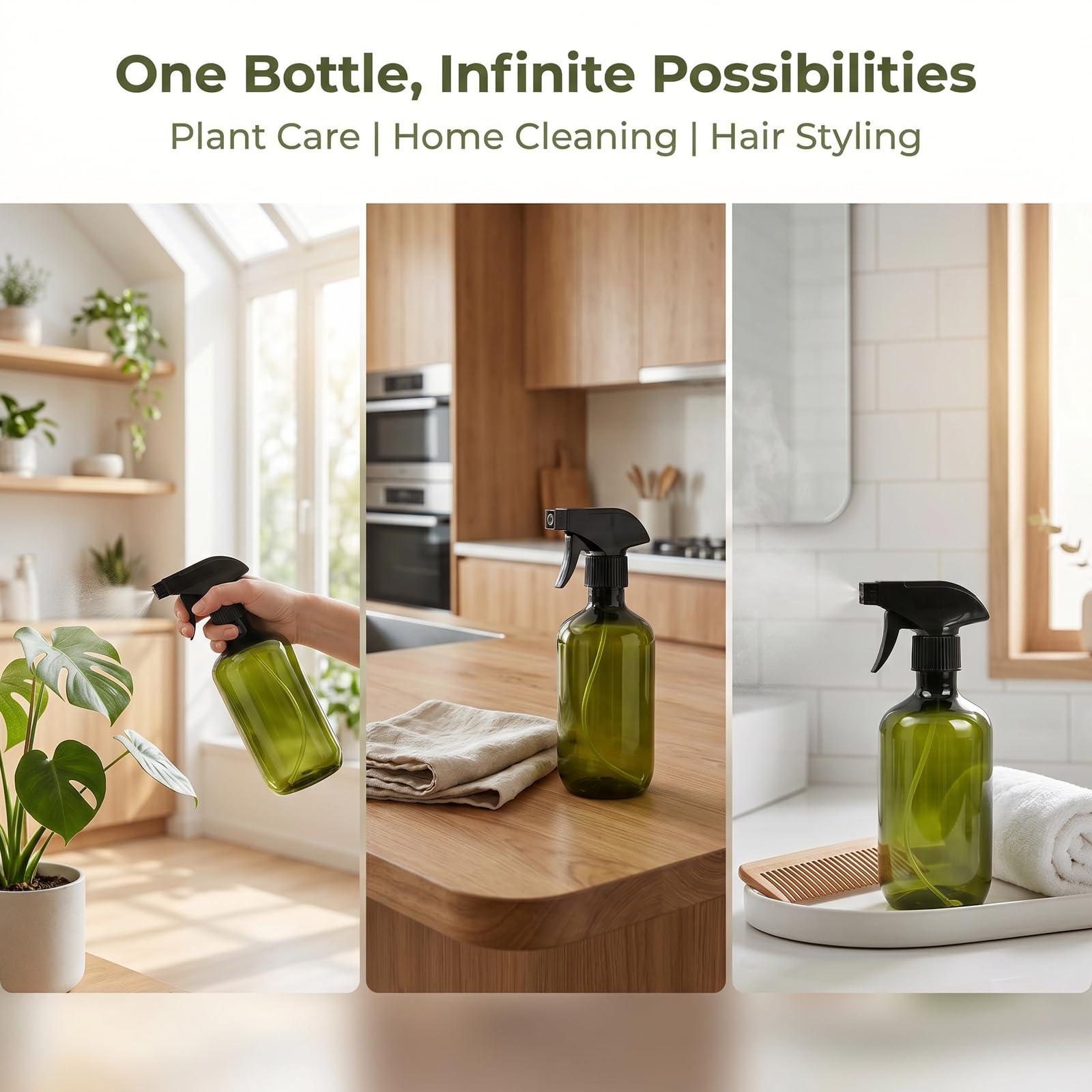 Pack de 2 Botellas Pulverizadoras 500 ml, Spray Recargable con Boquilla Ajustable, Antigoteo, Pulverizador de Plástico Ligero para Limpieza, Plantas, Cabello y Hogar, Verde Oscuro