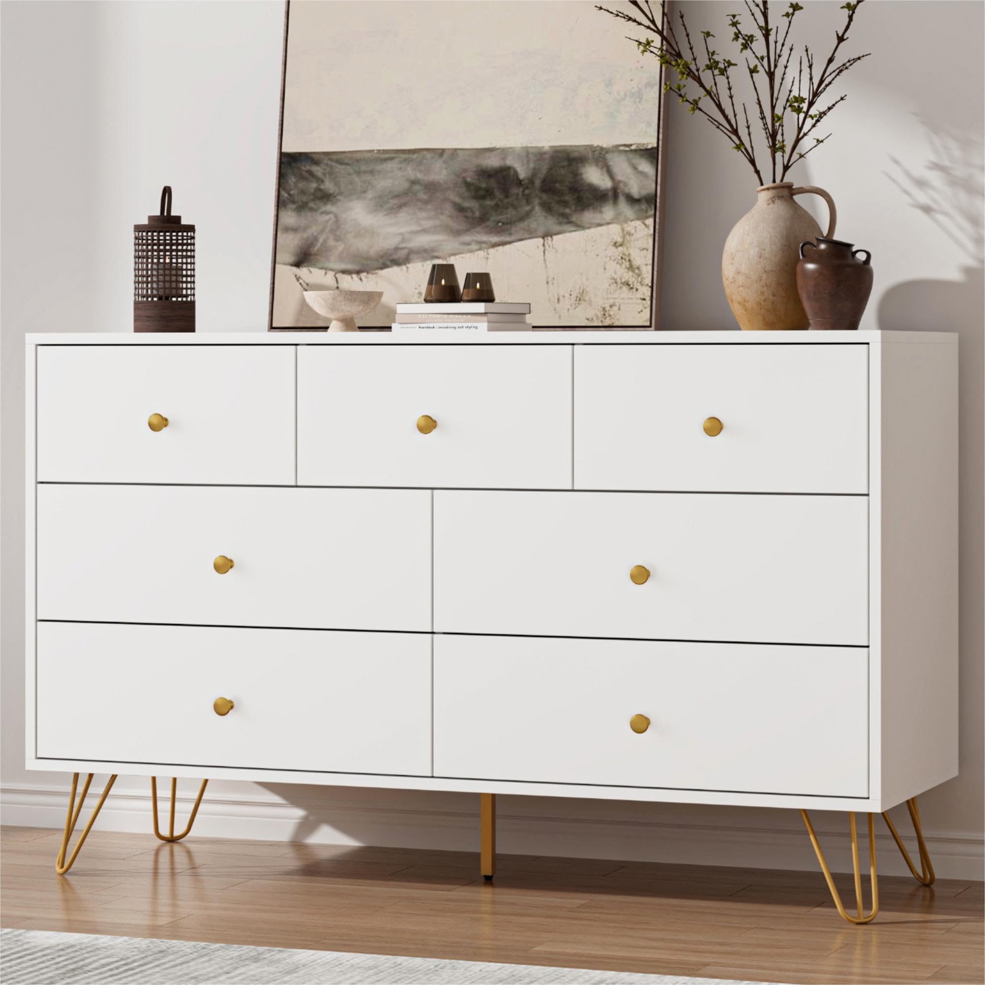 Tradare White Dresser for Bedroom, Modern 7 Drawer Dresser with Gold Handles and Metal Legs, White and Gold Dressers & Chest of Drawers for Hallway,