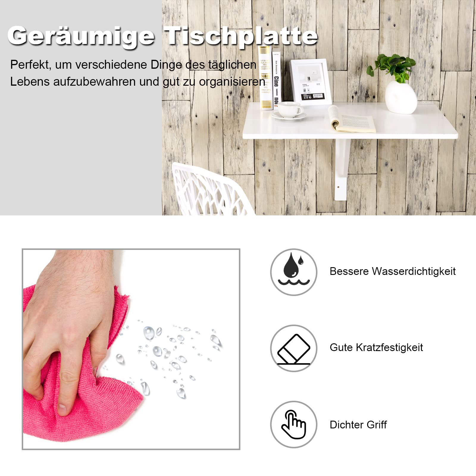 COSTWAY Wandmontierter Klapptisch, 80 x 60 cm, klappbarer Wandtisch, platzsparender Küchentisch Wandklapptisch für Küche Esszimmer Arbeitszimmer (Weiß)