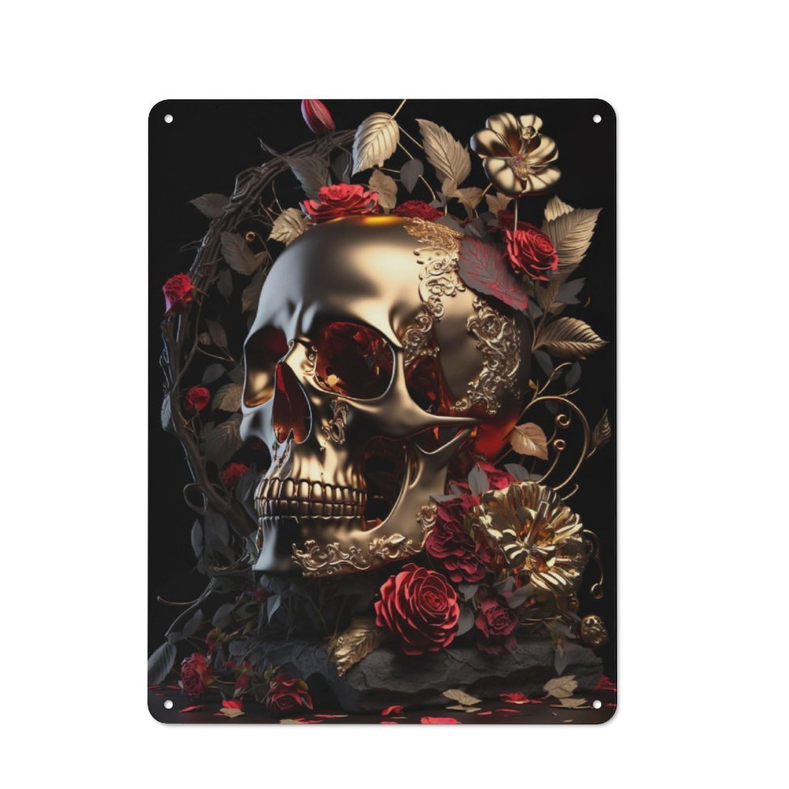 Junmoney Golden Skull Metal Sign 40X30cm With For Workshop Wall, Rustic Decor, For Garage, Workshop And Man Cave Decoration