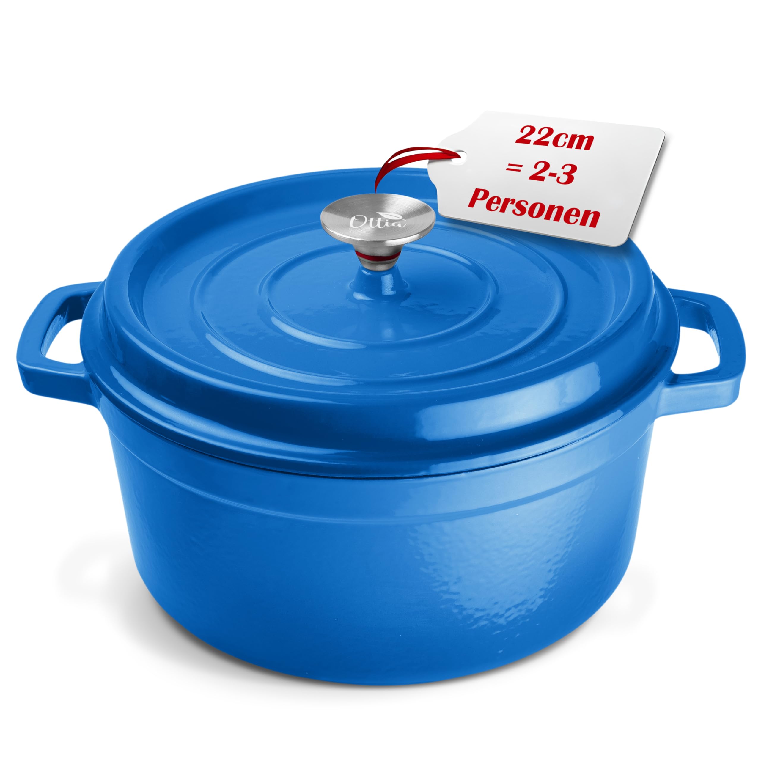 Ottia Pentola in Ghisa, 22 cm, 3 Litri, Smalto Premium, Casseruola per Brasati con Coperchio, Pentola in Ghisa, Dutch Oven, Teglia per Pane, Pentola per Pane, Adatta a Tutti i Tipi di Piano di Cottura