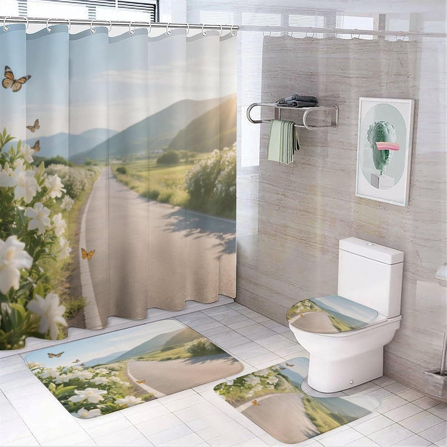 Gardenia Bath Rug Set 4 Piece,Bathroom Accessories Set-Toilet Rugs U Shaped,Toilet Lid Cover,Shower Curtain and Rugs,Ultra Soft, Absorbent,Home Decor