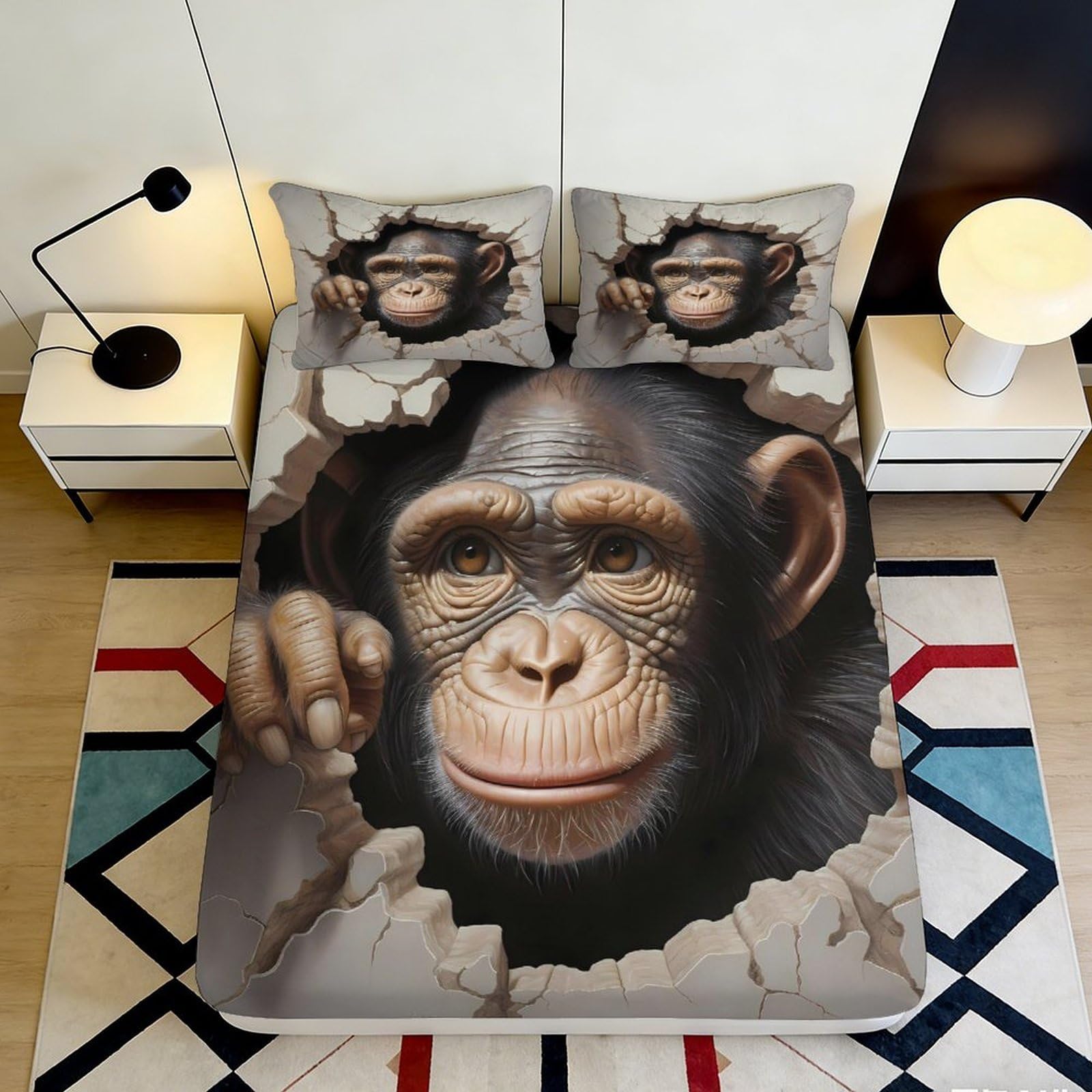 3D Printed Chimpanzee Fitted Sheet Microfiber Soft Durable Monkey Mattress Cover for Bedroom Dormitory Guest Room Protection and Decorative Use 120x200x25cm