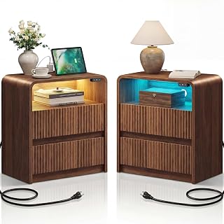 ROCHECASA Nightstand with Drawers Set of 2, Fluted End Side Table with LED Light and Charging Station, Modern Bedside Cabinet for Bed Room, Living Room, ET002-2BW55