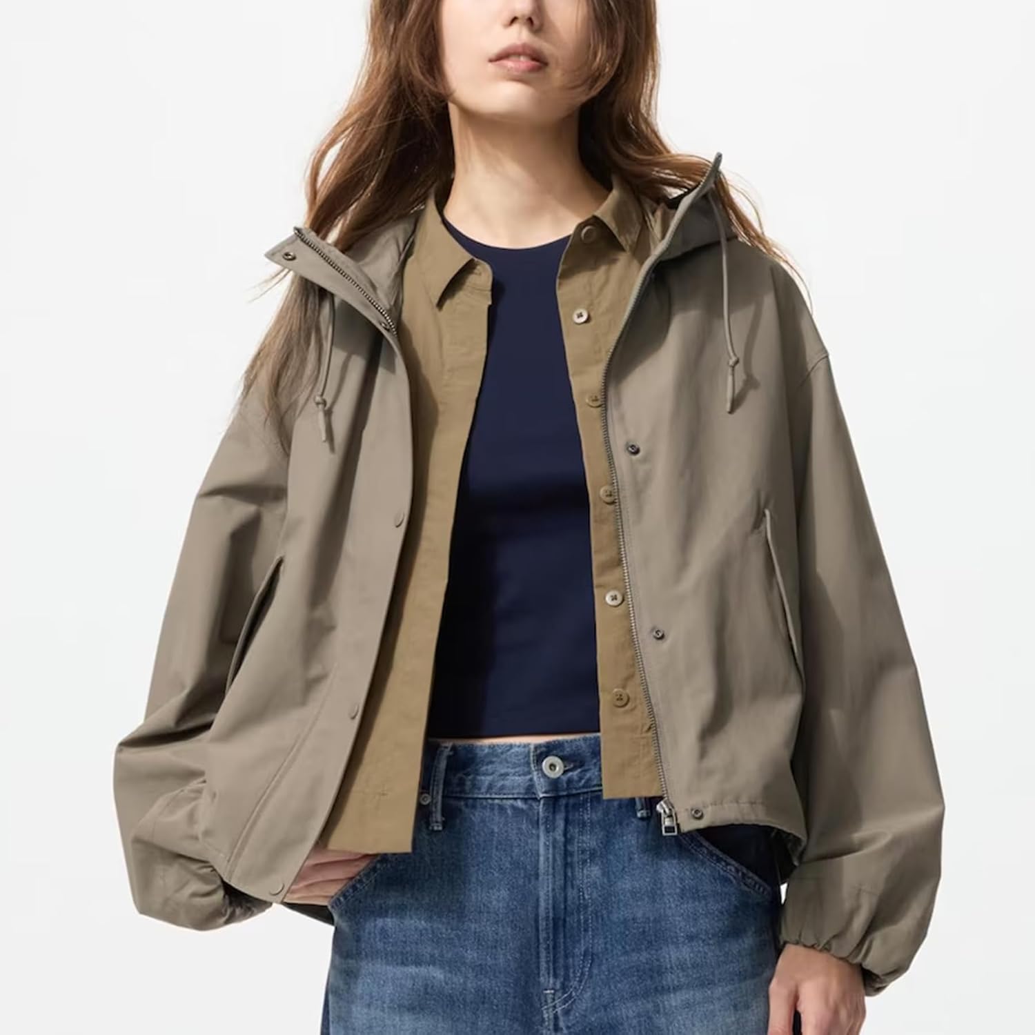 Ainangua Windbreaker Jacket Women Zip Up Short Waterproof Parka Raincoat Outdoor Hiking Trench Coat with Hood