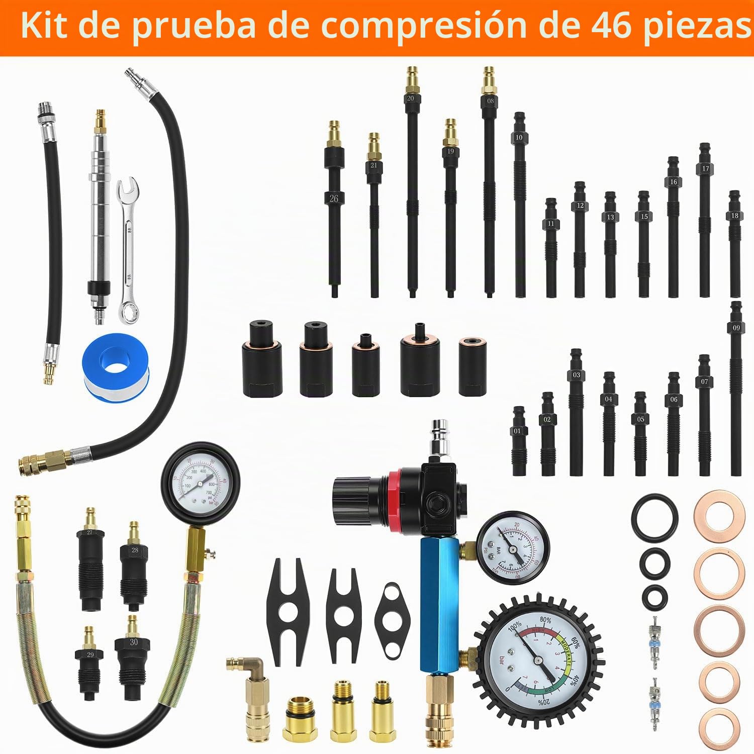 QWORK® 46 piezas juego de comprobador de compresión y pérdida de presión - 0-50 bar/0-725 psi para motores diésel y gasolina, M8, M10, M12, M20, M22, M24