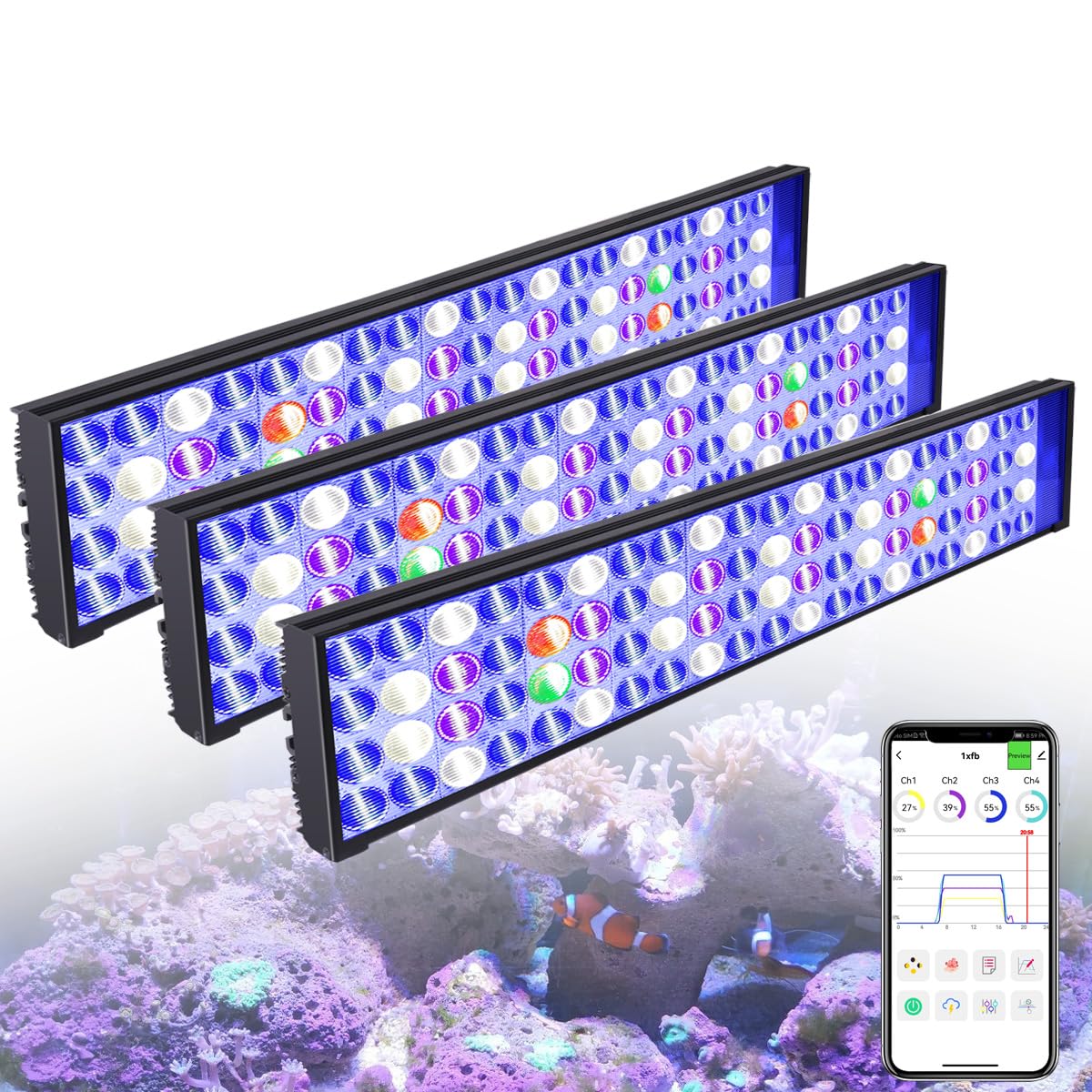 PopBloom Full Spectrum Marine Fish Aquarium Light Reef Lights for Saltwater Aquarium 180CM 72inch 6ft with Smart-APP Control