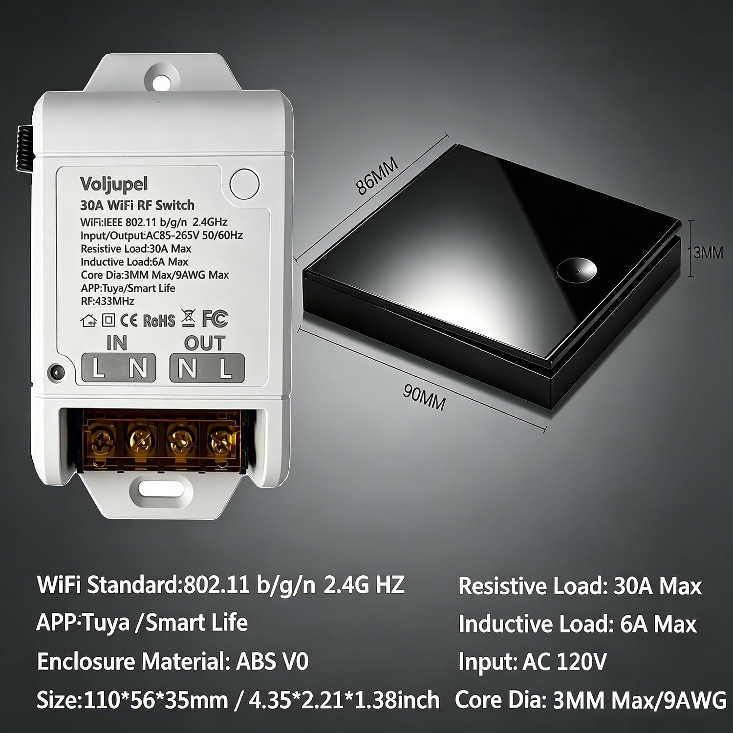 Tuya 30A High Power WiFi Smart Switch for AC Motor Water Pump wall Lights | Max 9 AWG;Inductive Load: 6A Max;Resistive Load: 30A Max;Wireless RF433 remote control