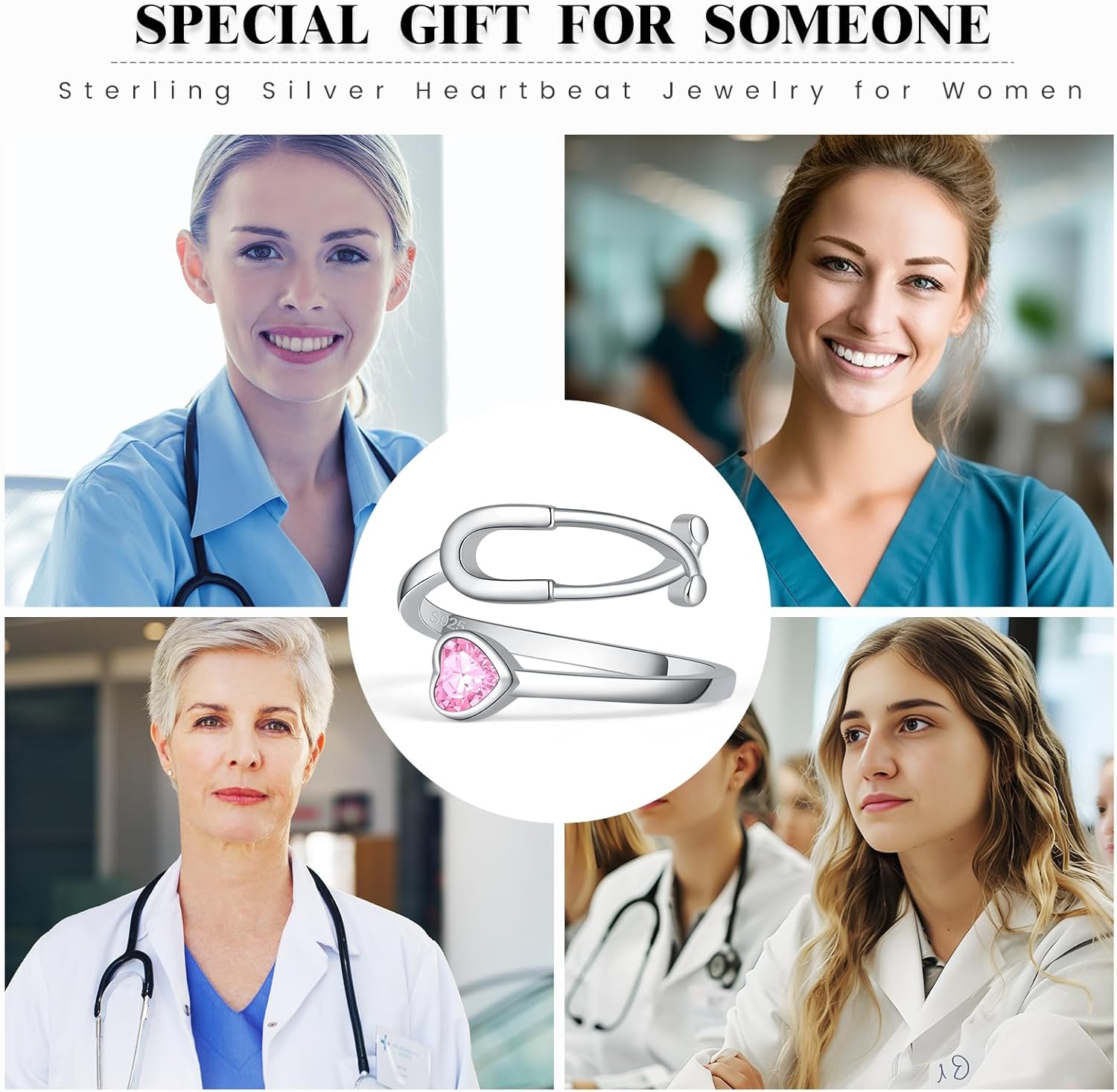 BEILIN Stethoscope Birthstone Rings for Women 925 Sterling Silver Adjustable Heartbeat Ring Nurse Doctor Jewelry Graduation Gifts for Medical Student