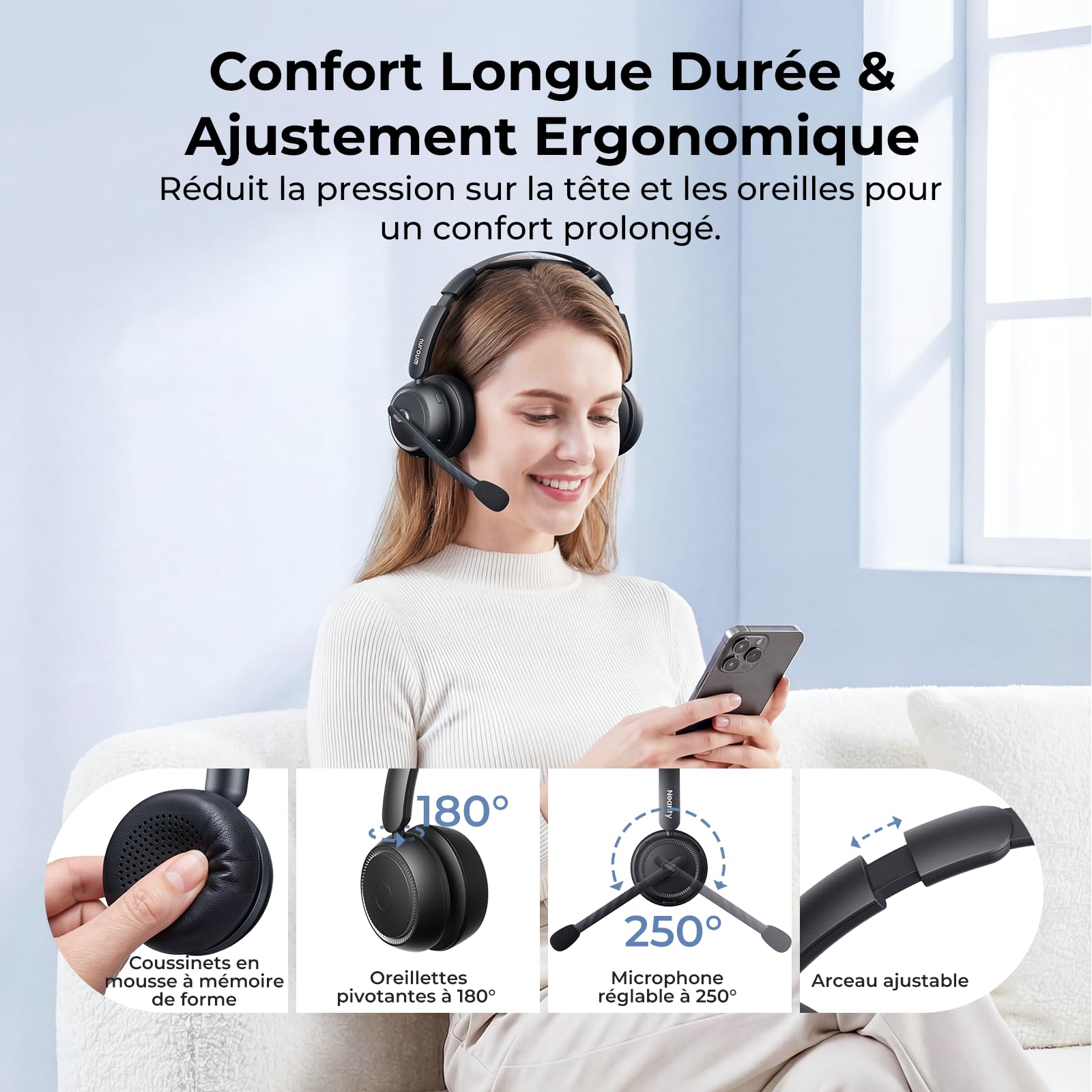 Nuroum HP31D 2026 Professionnel Casque Bluetooth sans Fil avec Micro,Casque à Réduction de Bruit ENC avec Station de Charge,Bluetooth 5.4,Dongle USB,Connexion Multipoint pour Télétravail/Appels Clairs