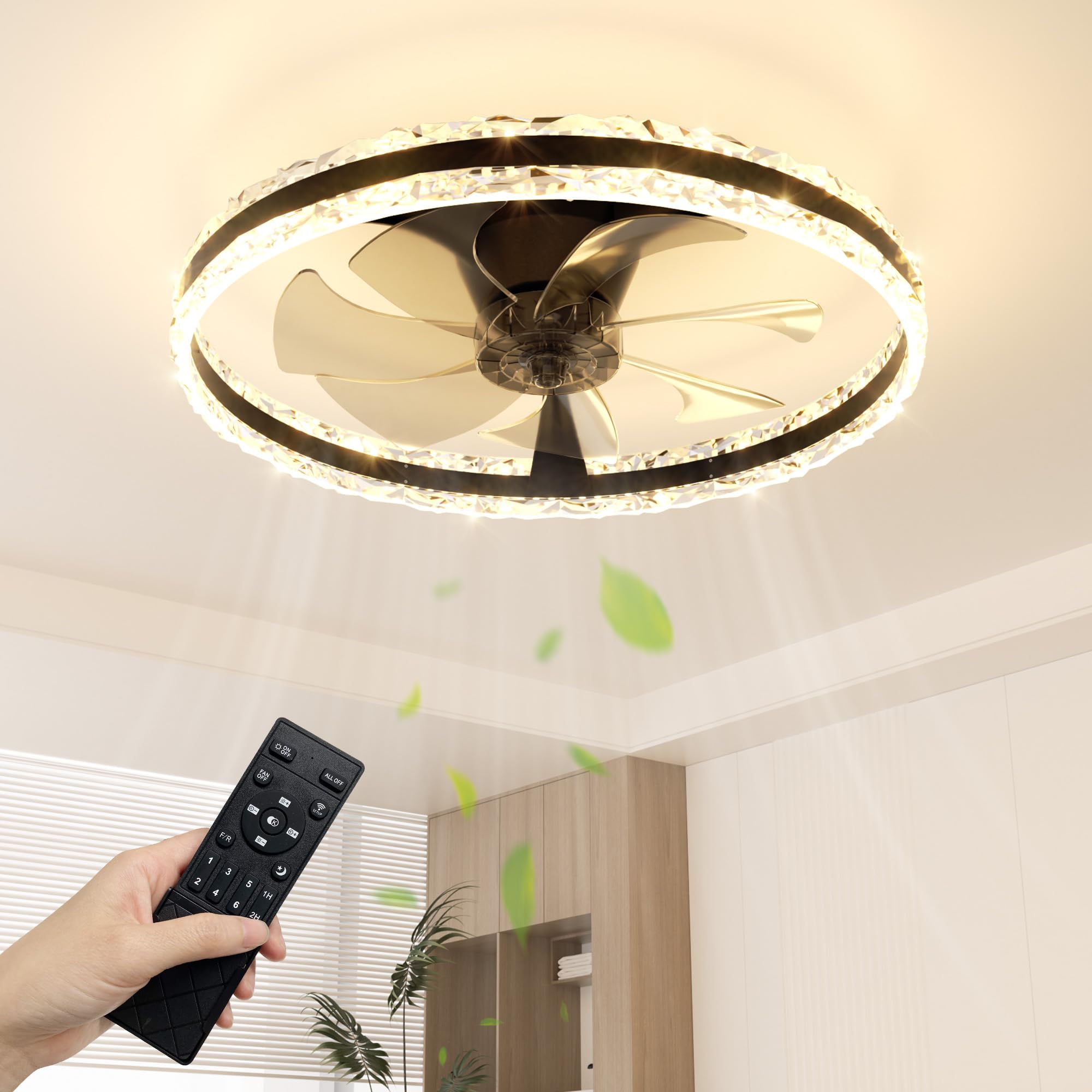 NIORSUN 60cm Ceiling Fan with Lights & Remote, 5000LM Dimmable LED, 3 Colours Ceiling Fans Lamp, 6 Speeds & Timer Ultra-Quiet Modern Fan Light for Bedroom Living Room Kitchen (Black)