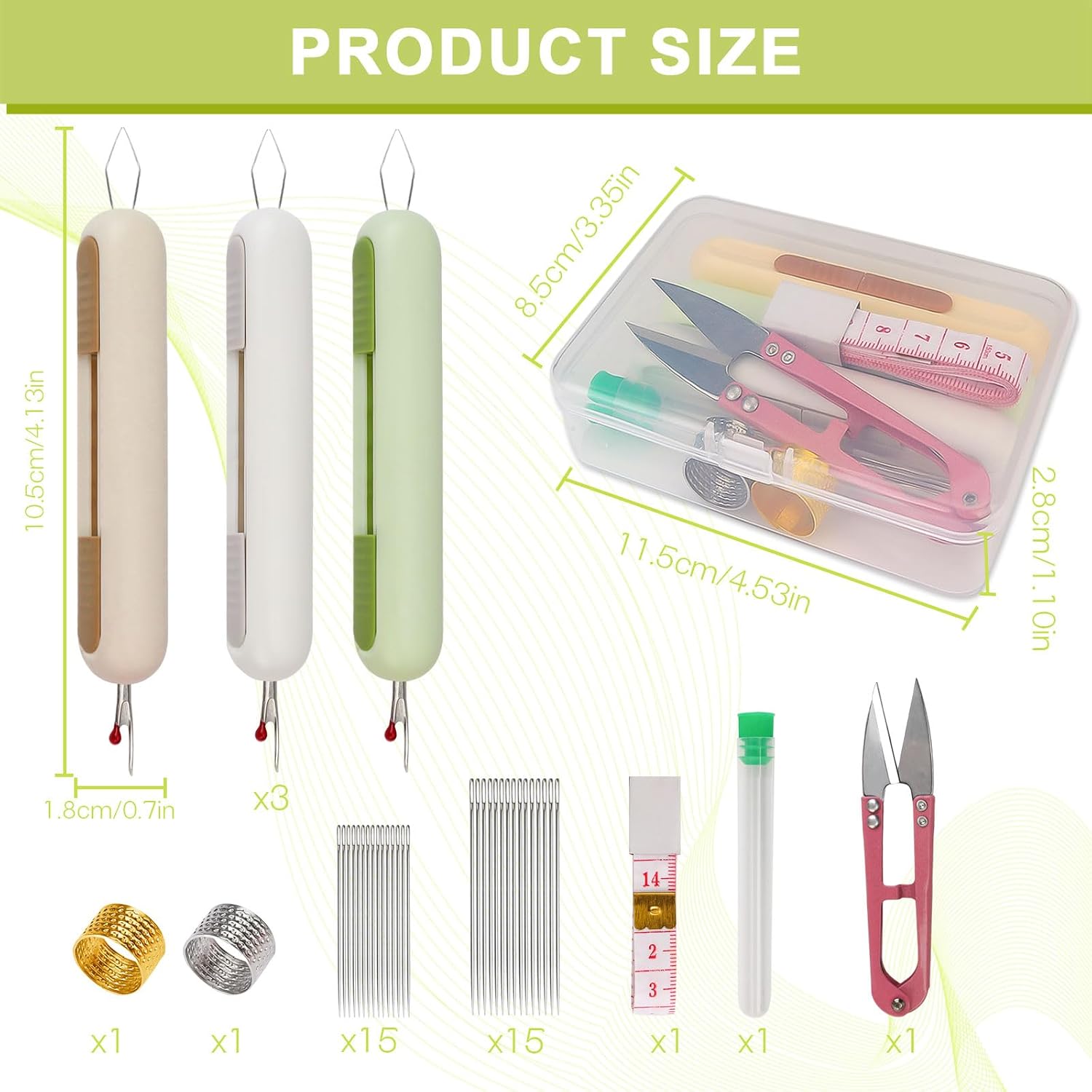 FWUNYVN 2 in 1 Needle Threader Seam Ripper, 9Pcs Sewing Seam Ripper Tool Kit with Case Contains 3Pcs Needle Threader Tool and Seam Ripper Tool, 2Pcs Thimble, Scissors, Needle, Measure Tape