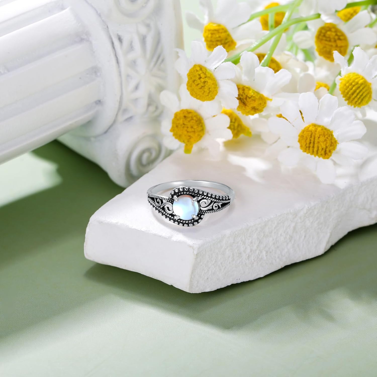 Vintage 6-10 MM Heart/Round/Oval Cut Moonstone Ring 925 Sterling Silver Retro Oxidized Filigree Moonstone Ring for Women Gifts Size 6-9 - Image 4