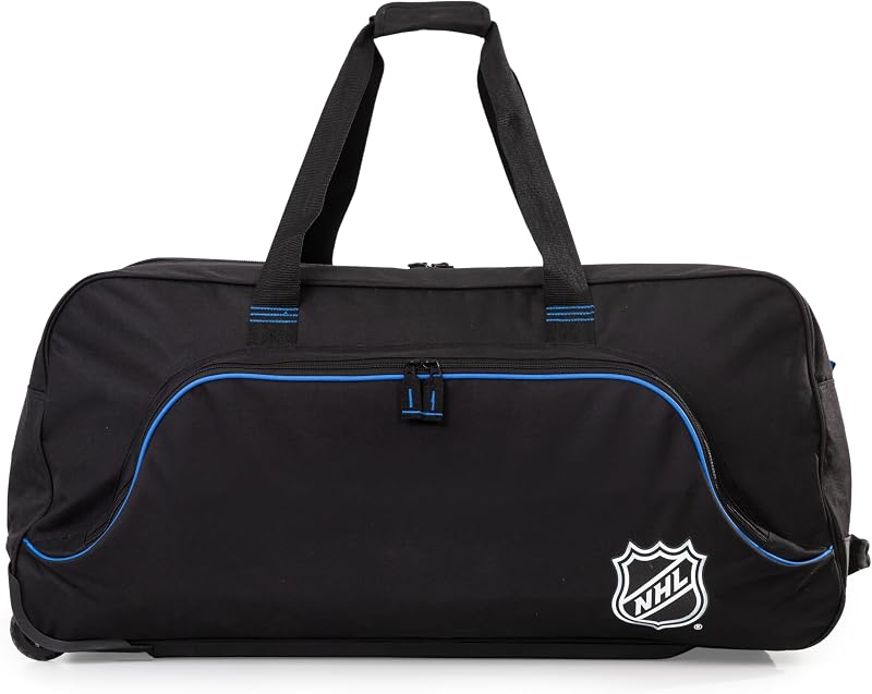 Bolsa de lona con ruedas negra de la Liga Nacional de Hockey de 34 pulgadas – Bolsa de equipo de hockey con ruedas, bolsa de lona de gran capacidad para viajes, bolsa grande con múltiples bolsillos para equipos deportivos y de gimnasio
