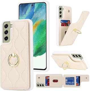 for Samsung Galaxy S21 5G Case with Card Holder,Credit Card Holder,Stand Ring Kickstand,Phone Wallet Case for Women 6.2"(Beige)