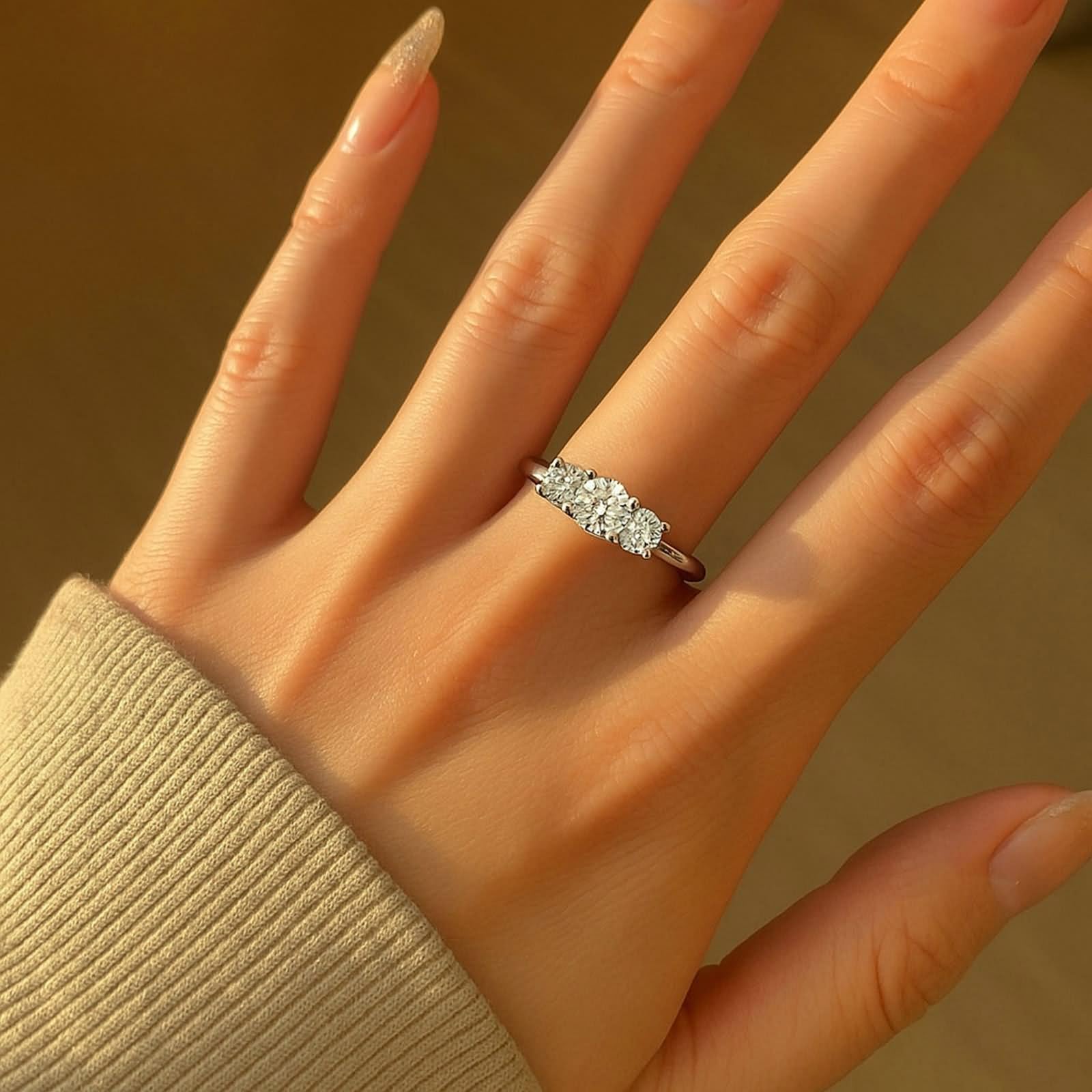 Anello gioielli, anello di fidanzamento 3 pietre con moissanite 9 carati oro bianco misura 62 (19,7) regalo anniversario di matrimonio