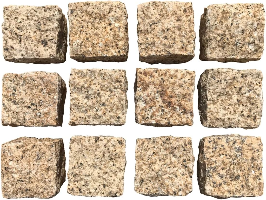 Amazon ピンコロ石 御影石 サビ 1丁掛 イエロー 黄色 庭 駐車場 サビ御影石 一丁 約90 90 90mm 12個 レンガ ブロック