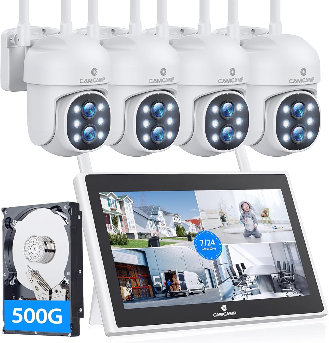 CAMCAMP Wireless Security Camera System, 10.1 "LCD Monitor, 10x Zoom Dual Lens with Full Color Night Vision, Motion Detection, 500GB Expandable Hard Drive, and 10 Channel NVR Security Camera Monitor.