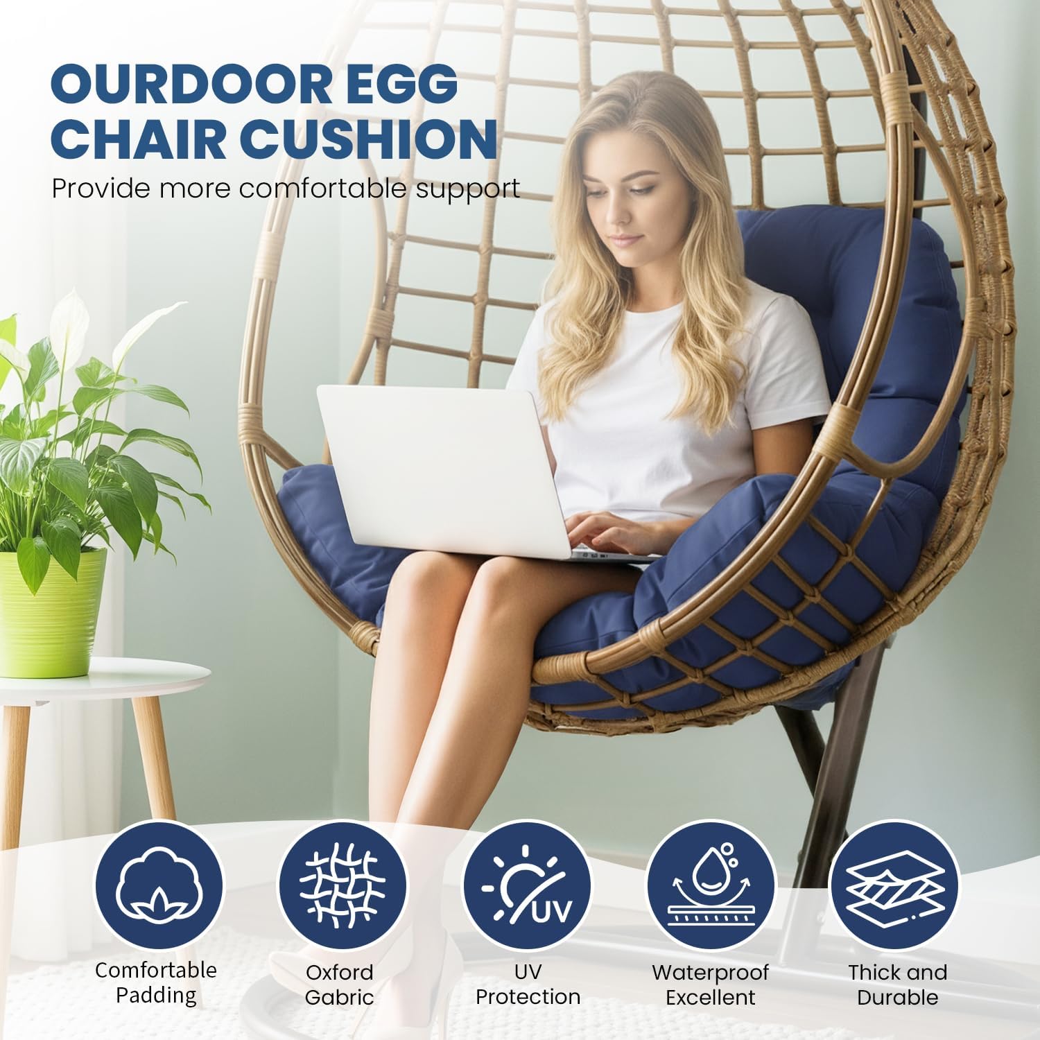 Egg Chair Cushion Replacement Outdoor Hanging Chair Cushion for Patio Furiture Hammock Swing Cushion 47x35x7 Inches (Blue)
