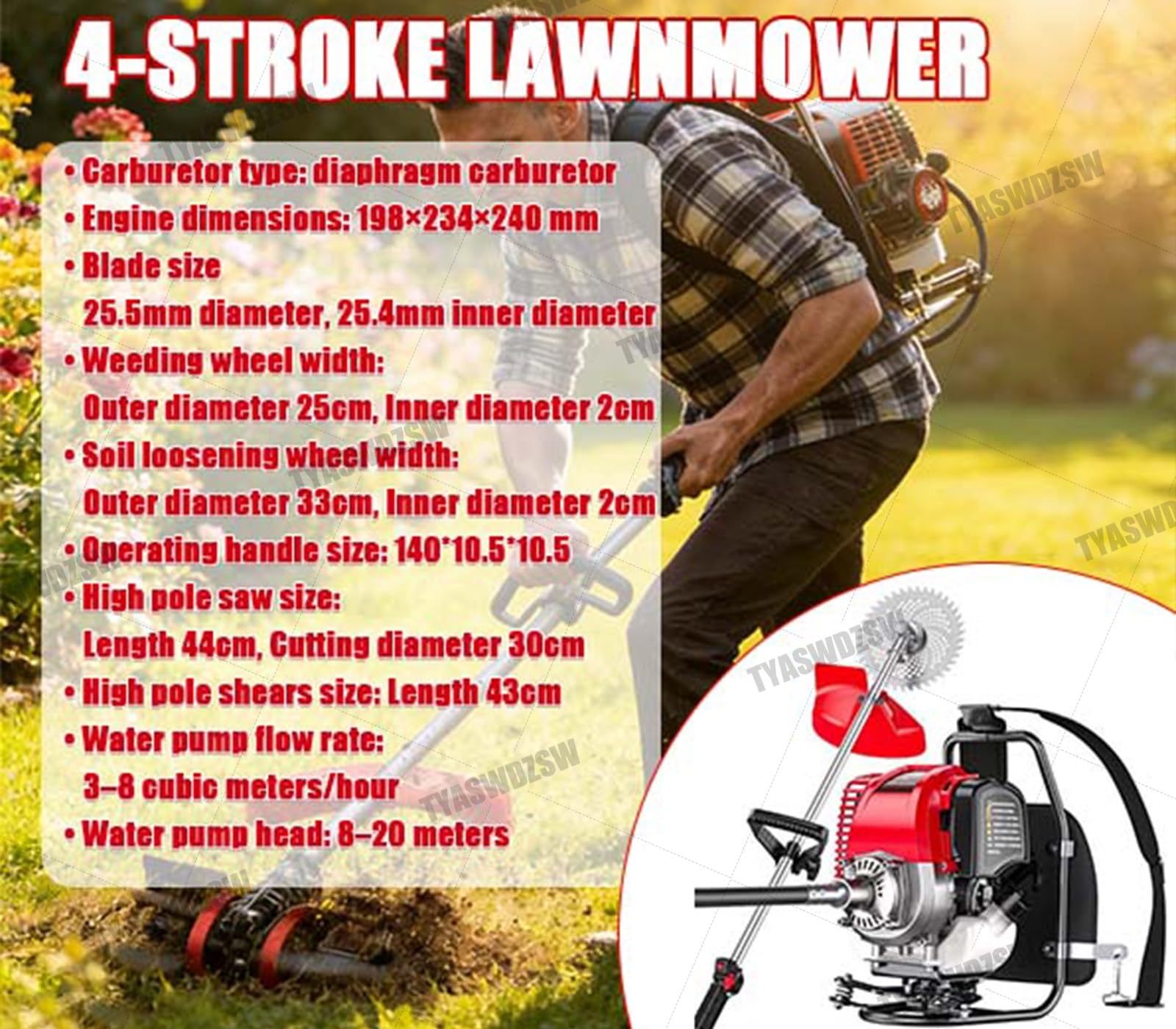 Cortabordes De Mochila De Alta Potencia 1000W 4 Tiempos, Motor A Gasolina 35.8CC 1.4HP para Siega Rápida, Bajo Nivel De Ruido, Bajo Consumo, Herramienta Profesional Jardín