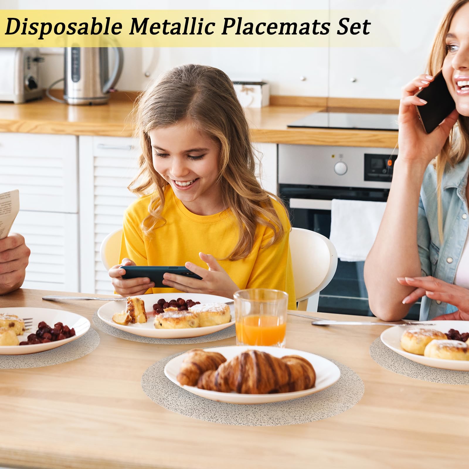 Hysenm Set di 50 tovagliette usa e getta argento, ultrasottile 33 cm rotonde in rete pressata, tovagliette usa e getta per la decorazione della casa, tavolo da pranzo, matrimoni, feste di compleanno