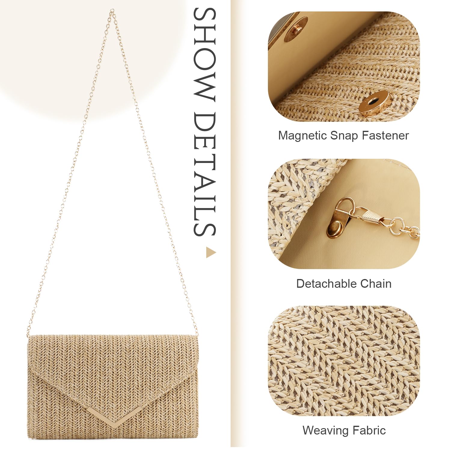 LHHMZ Pochette en paille pour femme Pochette en rotin et raphia Sac à main de plage tissé Pochette de fête de voyage de mariage
