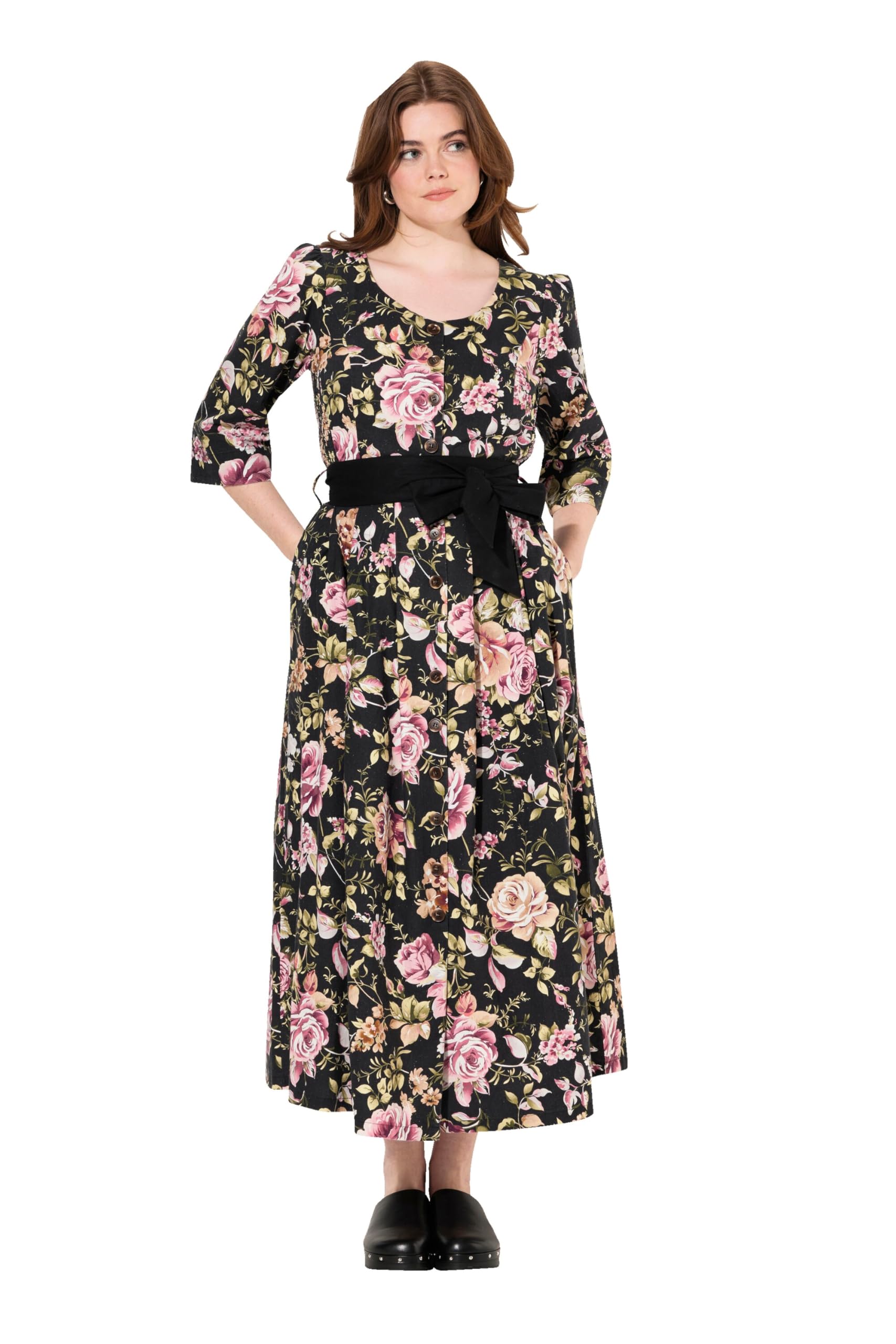 Ulla Popken Damen große Größen Übergrößen Plus Size Maxikleid, Leinenmix, A-Linie, Rundhals, 3/4-Arm 832512