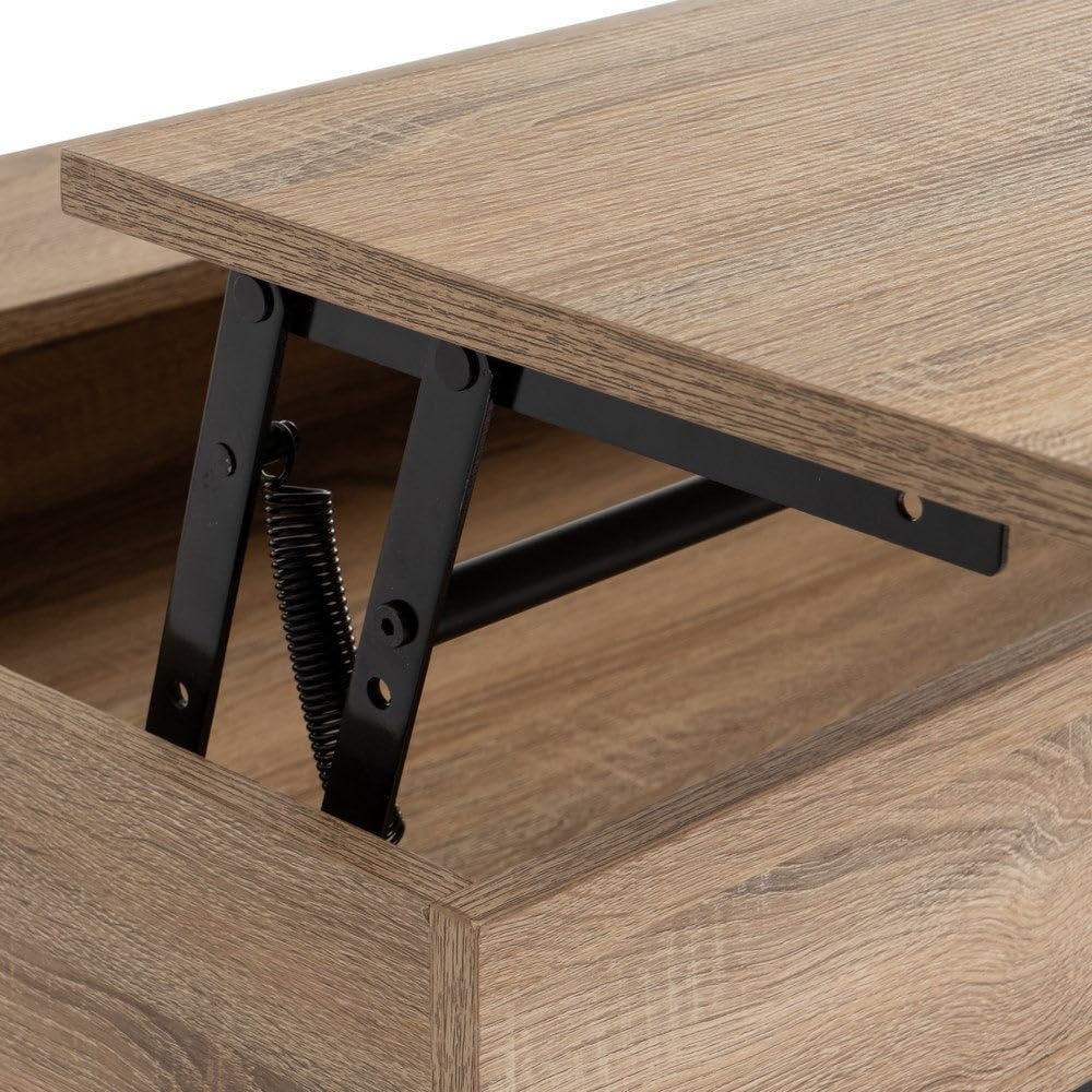 LOLAhome Mesa de Centro Elevable Urban 100x55x40/53 cm con Almacenaje Madera Roble y Metal Negro Mesa Auxiliar Salon Comedor Mesa Baja Industrial para Sofa Comer y Trabajar Portatil