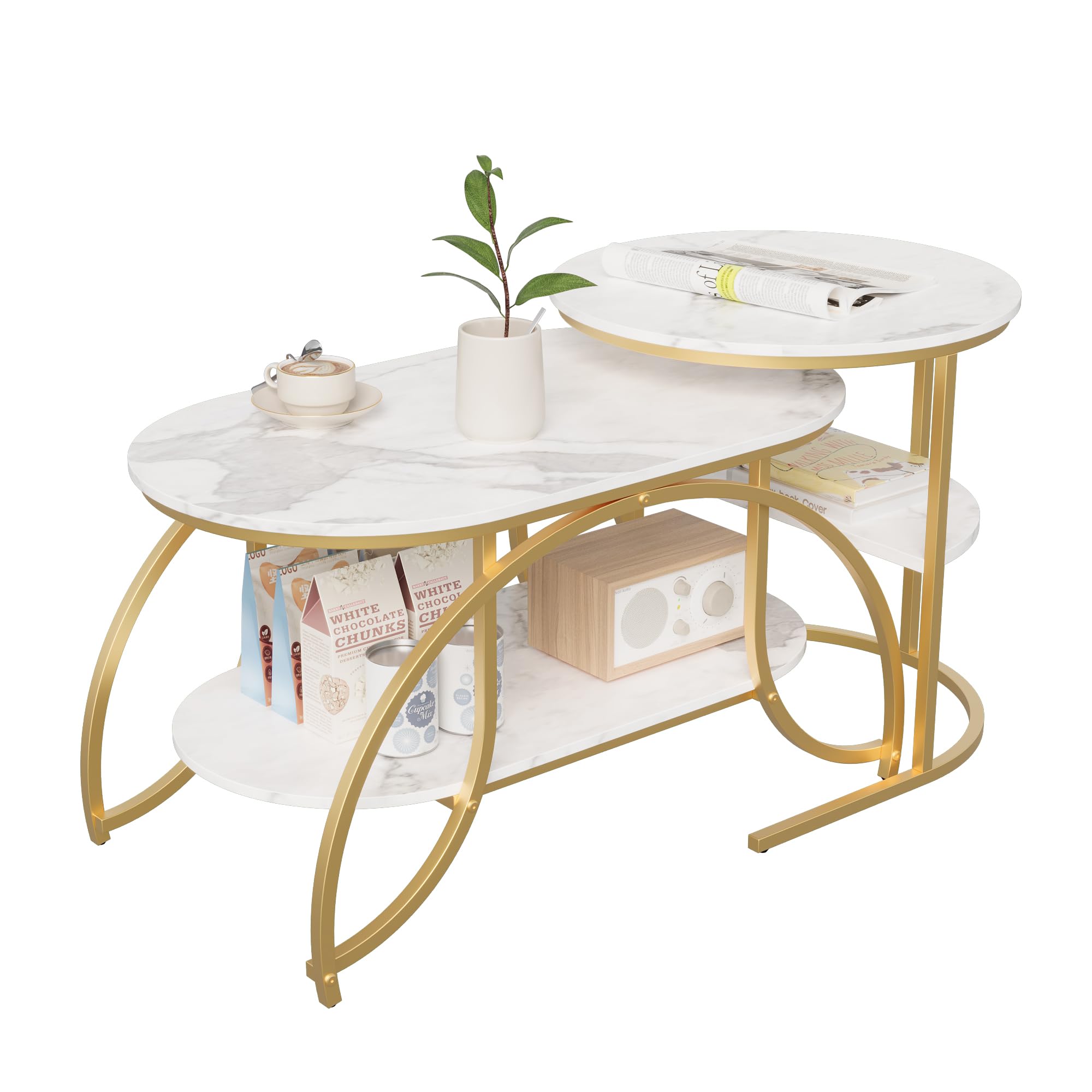 Set di 2 tavolini rotondi e ovali, con vano portaoggetti, effetto marmo, telaio in metallo, tavolo da salotto, tavolino da caffè, bianco e oro