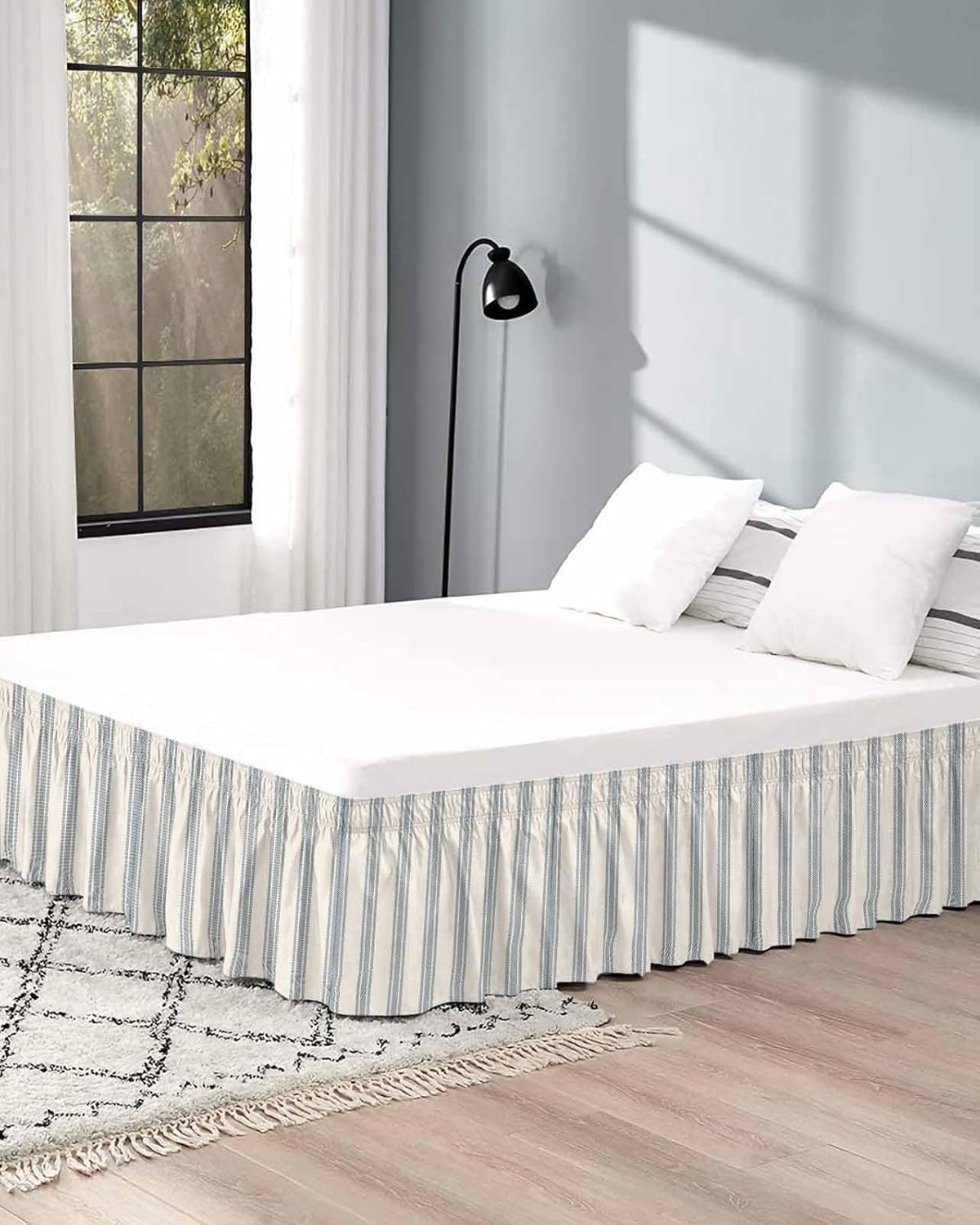 Blue Striped Bed Skirt King Size 16 Inch Drop, Adjustable Elastic Bedskirt Dust Ruffle for King Size Bed, Modern Farmhouse Stripes Rustic Wrap Around Bed Skirts Pleated Bed Frame Cover