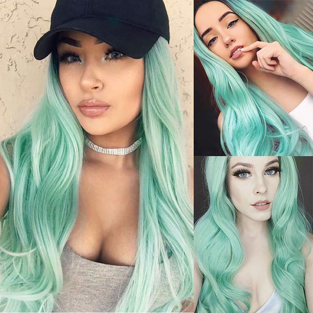 WUJIEFashion Ombre Mint Green Wigs 28" 70cm Long Wavy Synthetic Wigs for Women Black Root Wig Cosplay Wig Cap Included