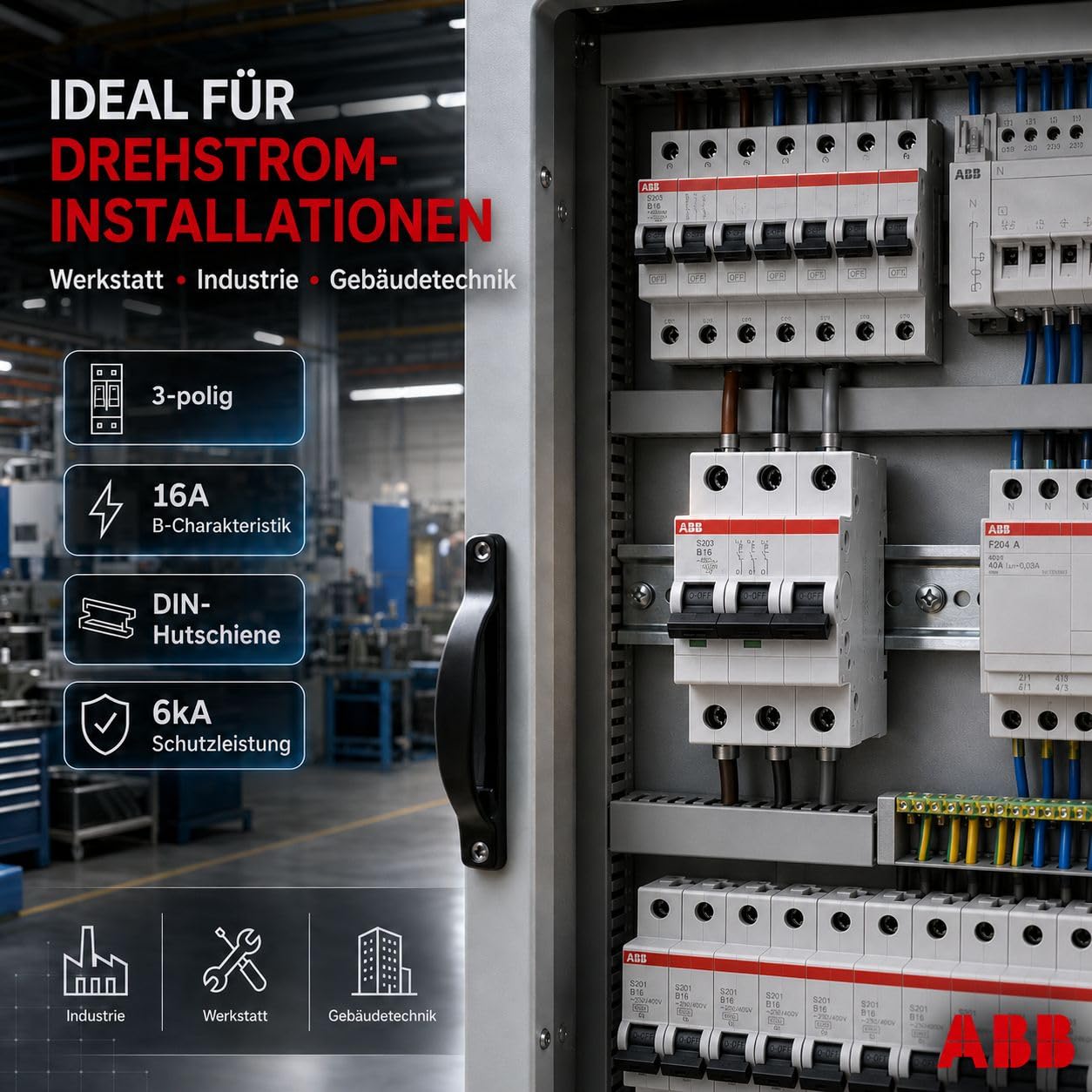 ABB S203-B16 Leitungsschutzschalter System pro M compact® Drehstrom (3P), Charakteristik B bis 16A, 6kA Kurzschlussfestigkeit