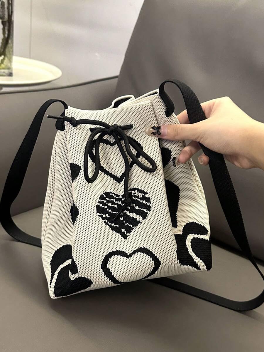 Kawn Women’s Crochet Drawstring Bucket Bag, Stylish Tote Purse, Crossbody Shoulder Bag, Boho Chic Handbag for Beaches, Party and Everyday Use.