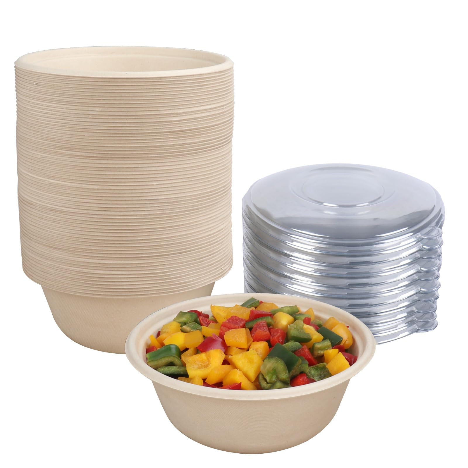 Cuencos desechables redondos de 40 onzas con tapas, cuencos de papel de caña de azúcar, recipientes de alimentos para llevar, fibras vegetales ecológicas, aptos para microondas y congelador,