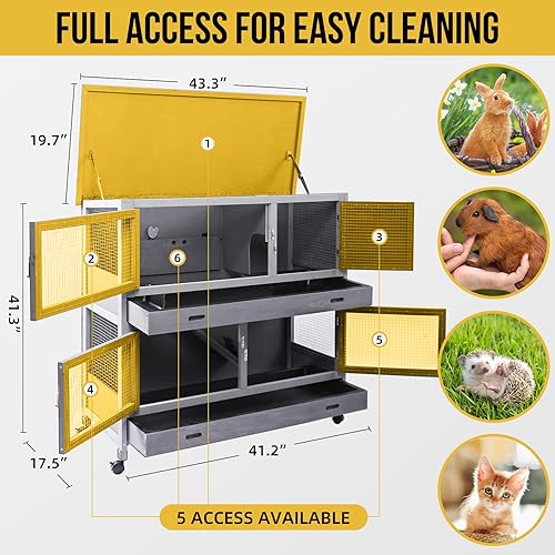 Miniatura 6 de Rabbit Hutch Bunny Cage Indoor Outdoor with Wheel Deeper Tray Chew Proof Guinea Pig Cages 2 Decks Large Rabbit House with 4 Wooden Doors