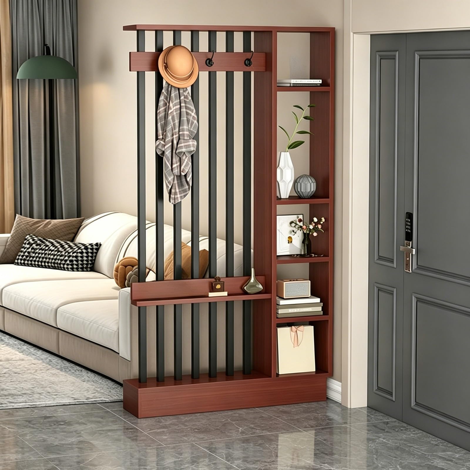 Wall Room Divider, Freestanding Slat Partition with Coat Rack & Shelves, Modern Privacy Screen for Entryway, Living Room and Hallway(Teak+Black,100cm/39.4in)
