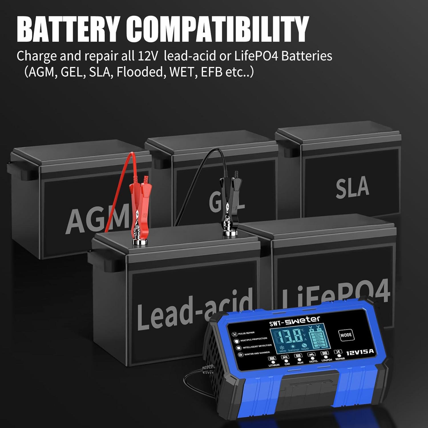 Battery Charger 15A 12V LiFePO4 Lead Acid Fully Automatic Battery Maintainer, Car Battery Trickle Charger Automotive w/Repair, Winter Mode, for AGM, STD, Gel, Deep Cycle Batteries