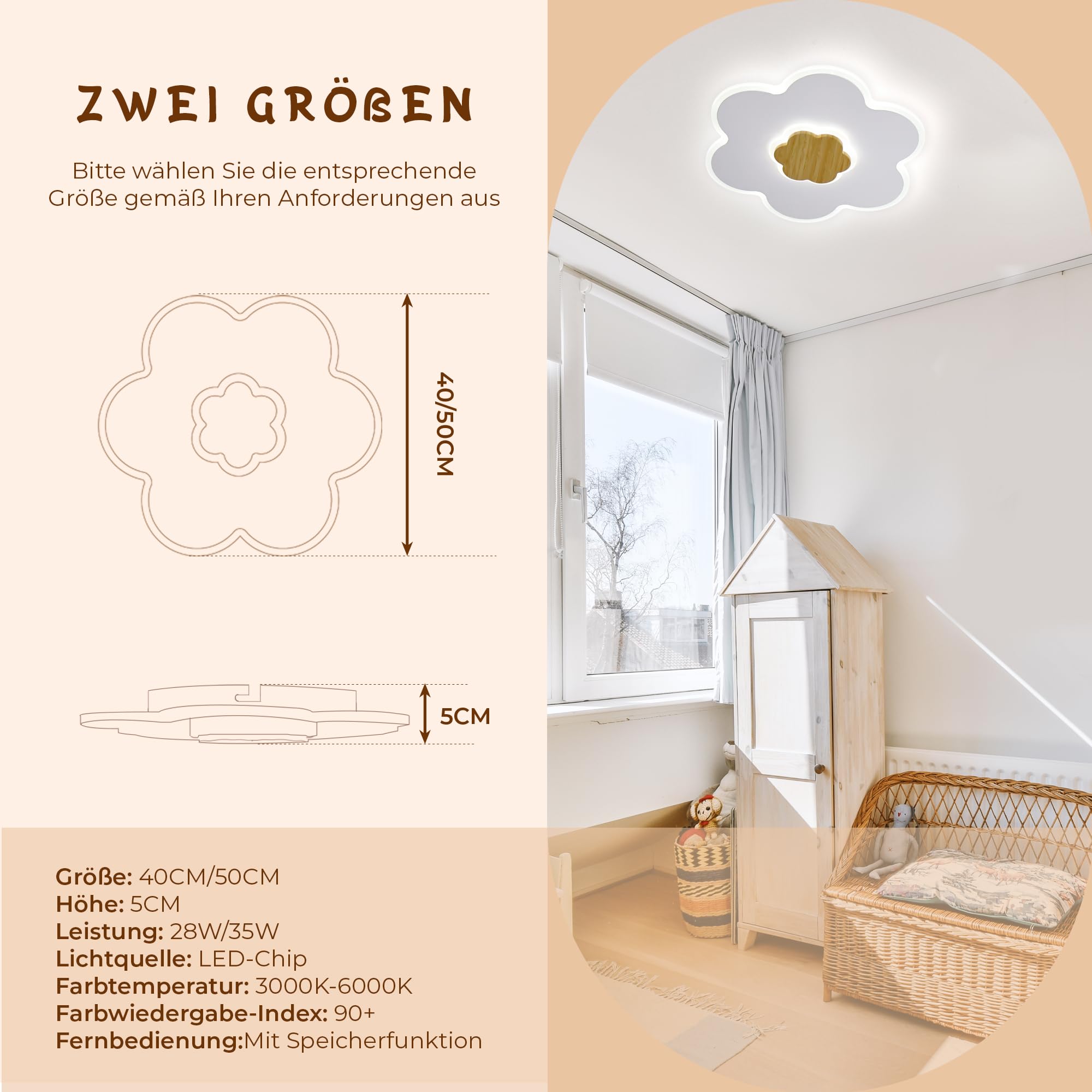 LUOLONG LED Deckenleuchte Kinder Deckenlampe Blumenform Holz Kinderzimmer Deckenleuchten Dimmbar 3000K-6000K 28W 40cm Junge Mädchen Baby Weiß Kinder Schlafzimmer lampe Mit Nachtlichtfunktion