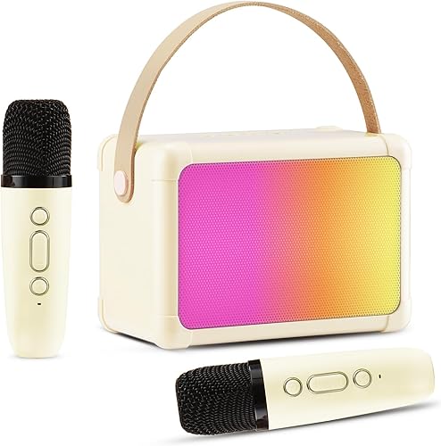 Máquina de karaoke para niños, mini altavoz portátil de karaoke Bluetooth con 2 micrófonos inalámbricos y luces coloridas para niños y adultos,